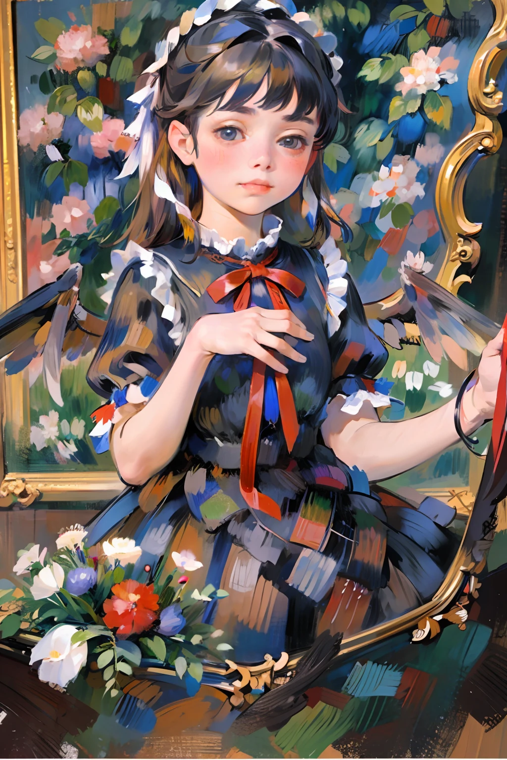 1girl, li, red глаза, black  hair, Straight bangs, (straight hair), Long hair, Black Dress, ((Lolita Dress)), Red ribbons, Nautical tie, Bows, frilld, (Flowers), (((black wings))), (Renoir), (oil painting), (Sketch)