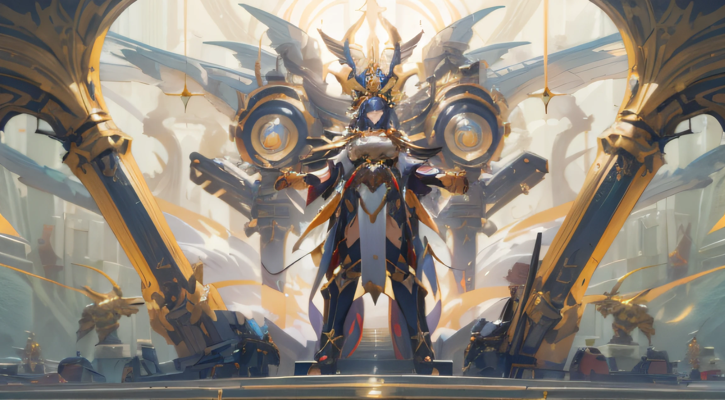 Woman in golden armor standing in front of a huge throne, cushart krenz key art feminine, mechanized valkyrie girl, wlop and krenz cushart, vanillaware artwork, 2. 5 d cgi anime fantasy artwork, onmyoji detailed art, wlop rossdraws, mystical atlantean valkyrie, wlop art