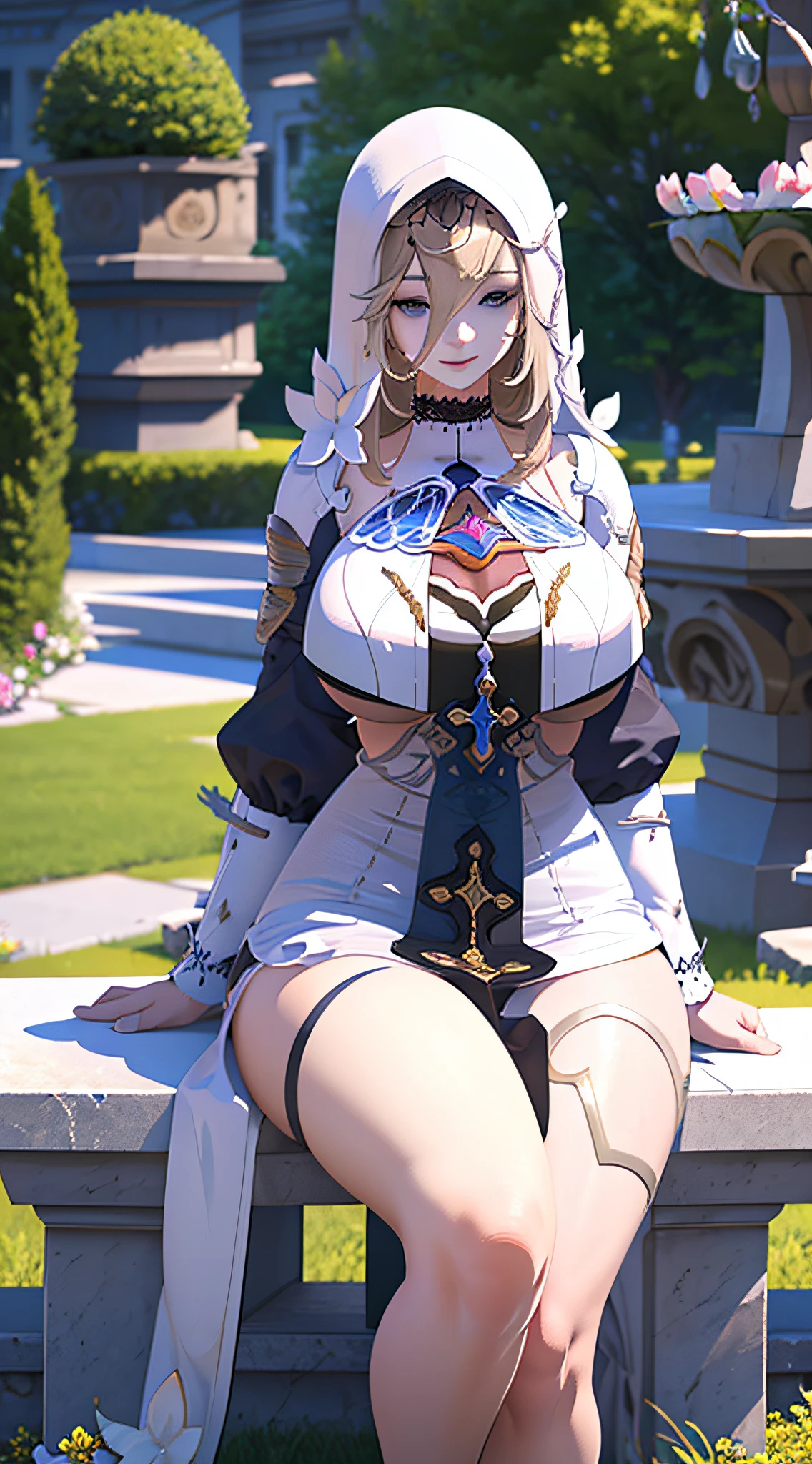 Aponiadef, sitting on a beautiful lawn, full of flowers, looking at the viewer, and smiling, while extending her hand to the viewer, she has big breasts, athletic body, light blond hair, dark blue eyes, wears a nun's outfit with golden adornments.