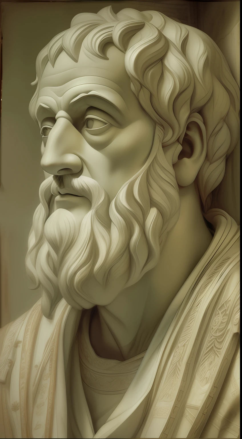(Aristotle) fotorealista, Atmosfera misteriosa, chiaroscuro intenso, dramatic composition, Portrait of a philosopher, wise look, pose contemplativa, rosto envelhecido, manto branco fluindo, luz caindo de cima, texturas ricas, pincelada detalhada, 20 megapixels, (insanamente detalhado:1.5).