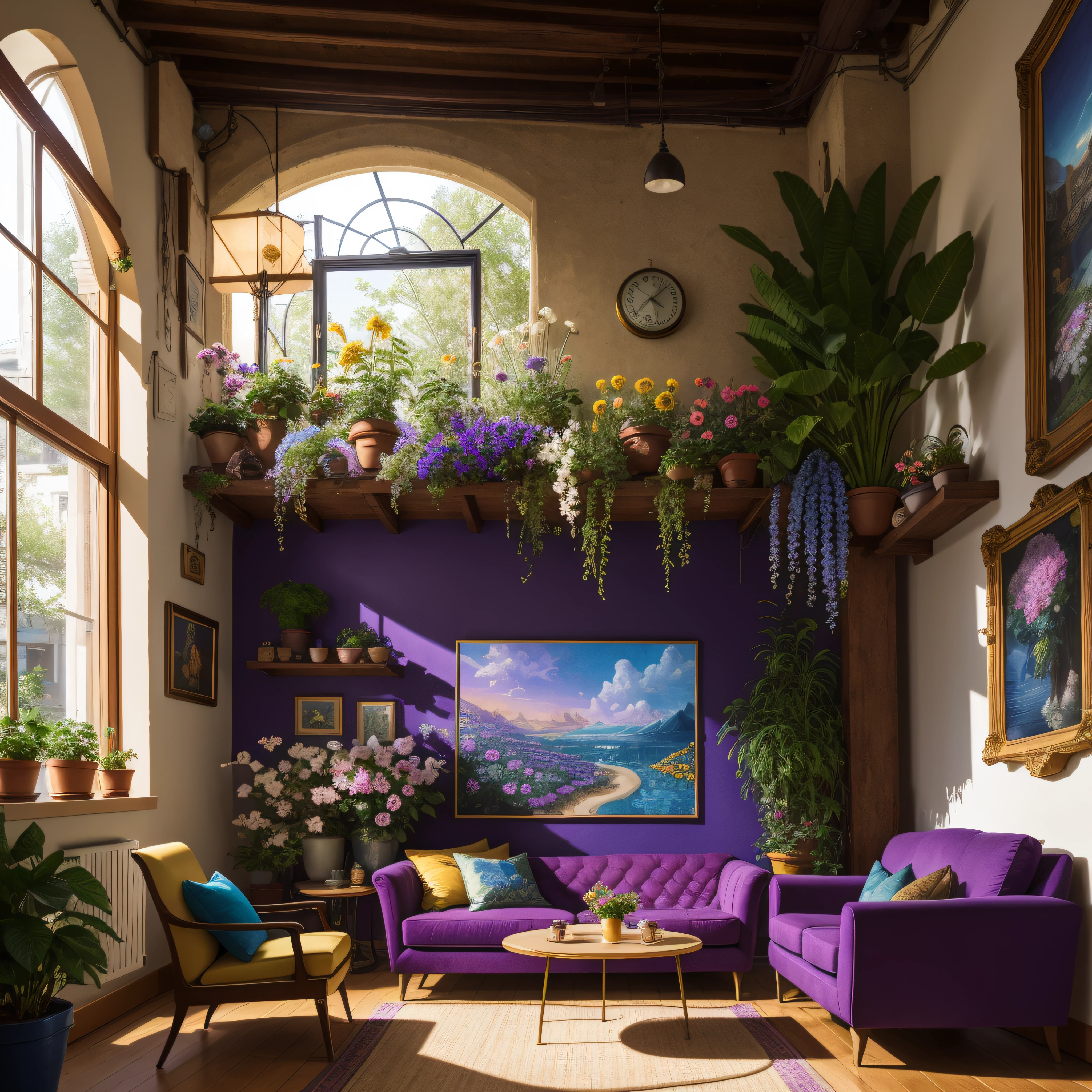 Architectural Digest photo of a maximalist blue -purple {vaporwave/steampunk/solarpunk} living room with lots of flowers and plants, golden light, hyperrealistic surrealism, award winning masterpiece with incredible details, epic stunning