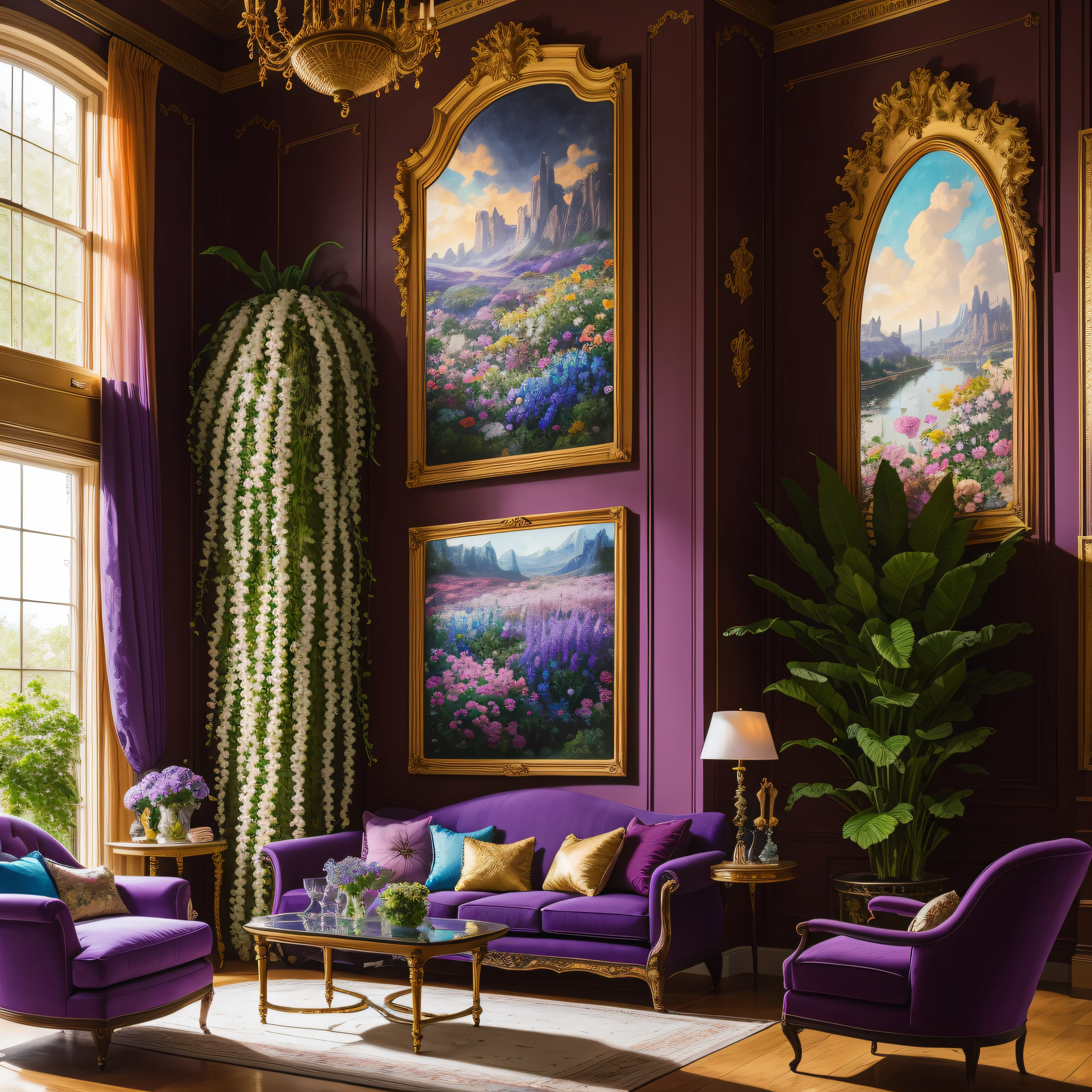 Architectural Digest photo of a maximalist blue -purple {vaporwave/steampunk/solarpunk} living room with lots of flowers and plants, golden light, hyperrealistic surrealism, award winning masterpiece with incredible details, epic stunning