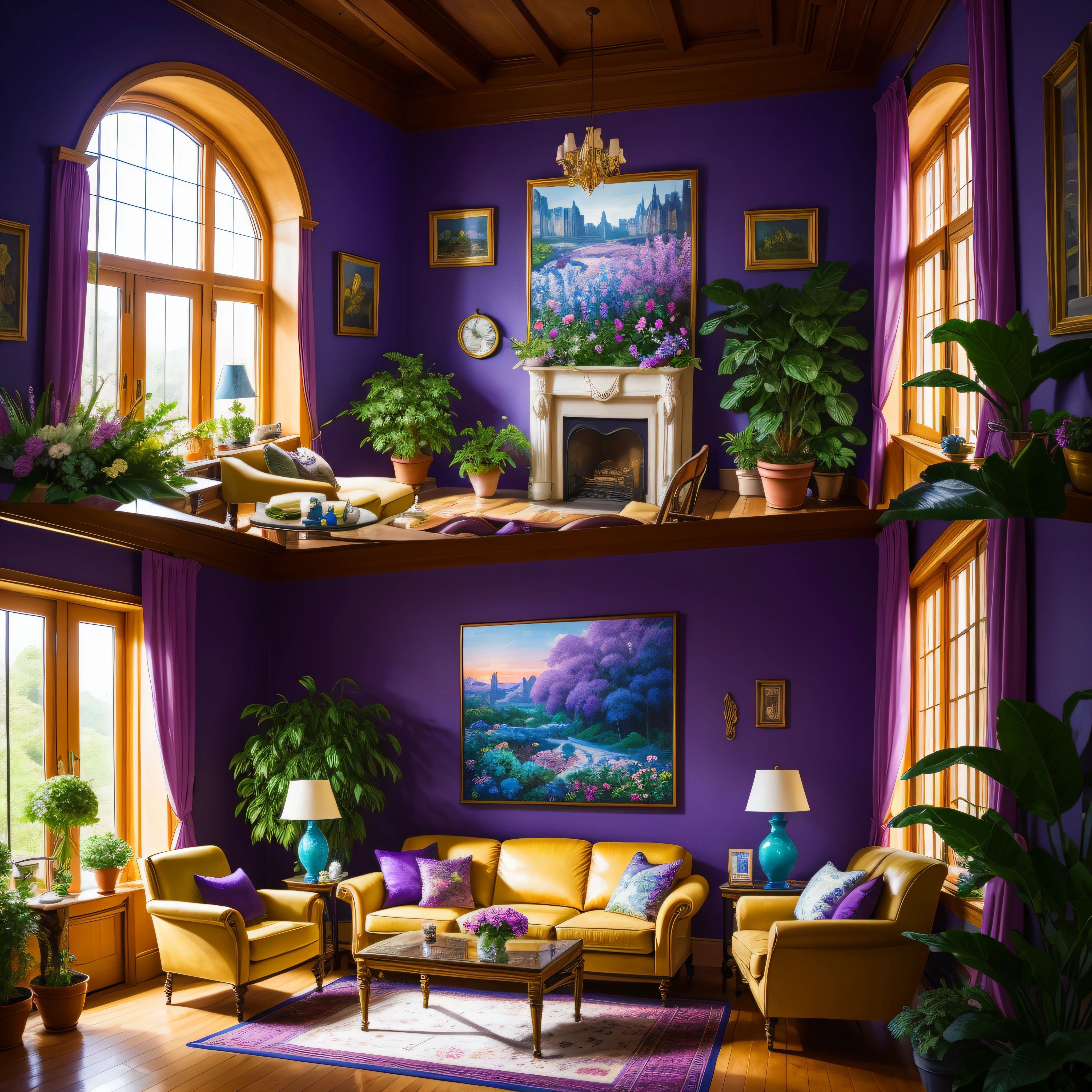 Architectural Digest photo of a maximalist blue -purple {vaporwave/steampunk/solarpunk} living room with lots of flowers and plants, golden light, hyperrealistic surrealism, award winning masterpiece with incredible details, epic stunning