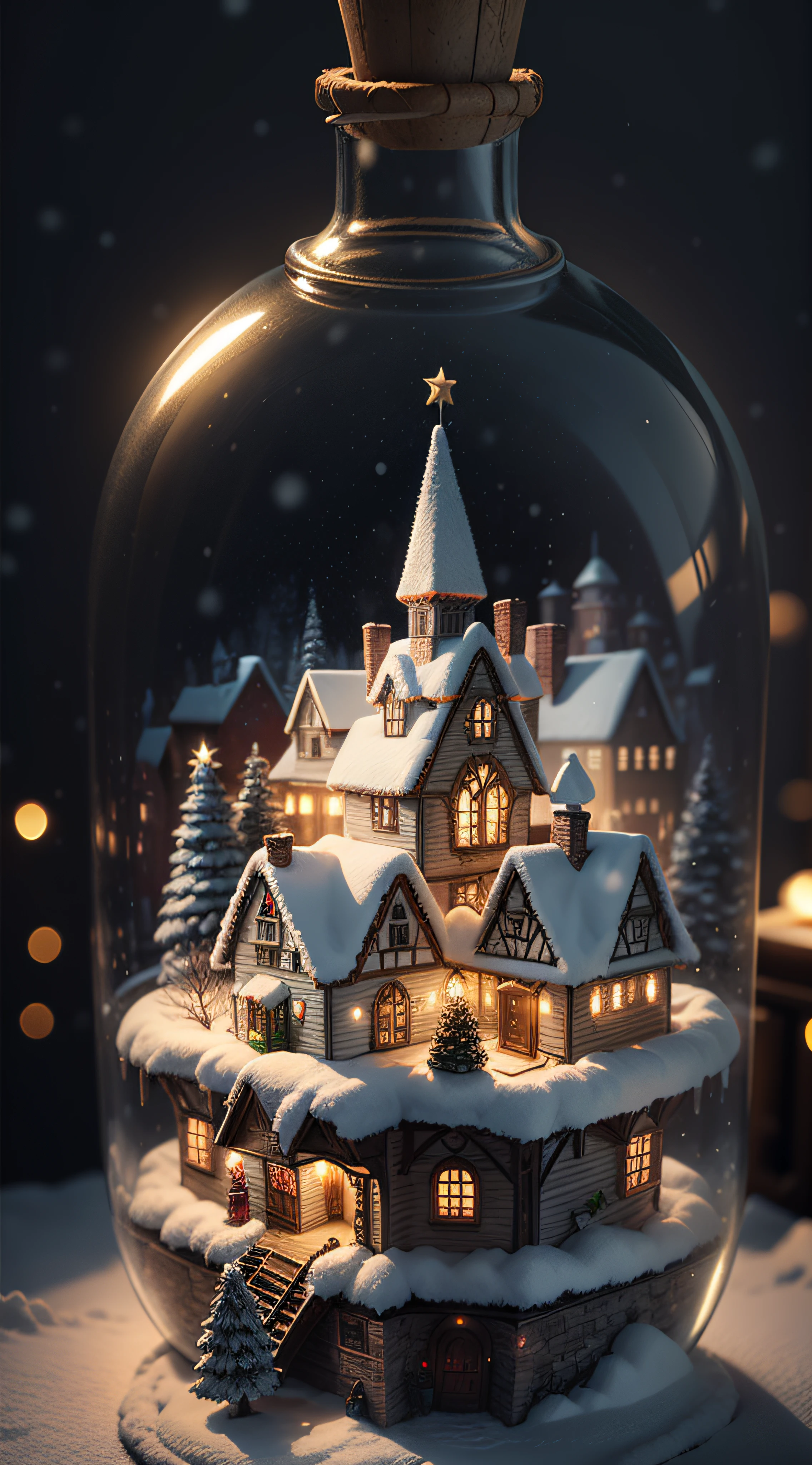 (Landscape of an intricate Christmas mini-town trapped in a bottle)、Atmospheric Oliva Lighting、On the snow、4K UHD、dark ambiance、Highly detailed and vibrant colors、Magnificent composition、rendering octane、foco nítido、high-resolutionisometric,Yuki
