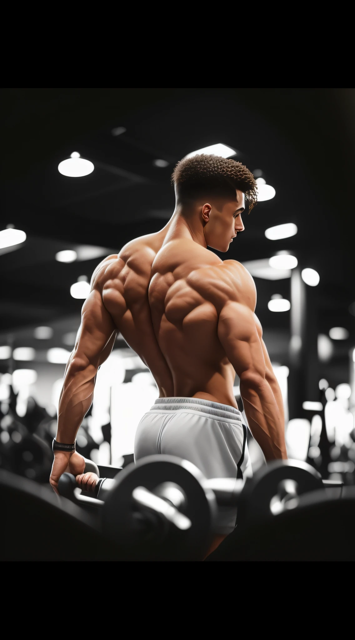 A muscular man standing in a gym, in full growth from the back, Ripped, bodybuilder physique, fit physique, slender and muscular build, exaggerated muscle physique, Lean but muscular, exaggerated physique, his back is turned, back stance, Arched back, in full growth from the back, hunchback, arms back behind, musculous