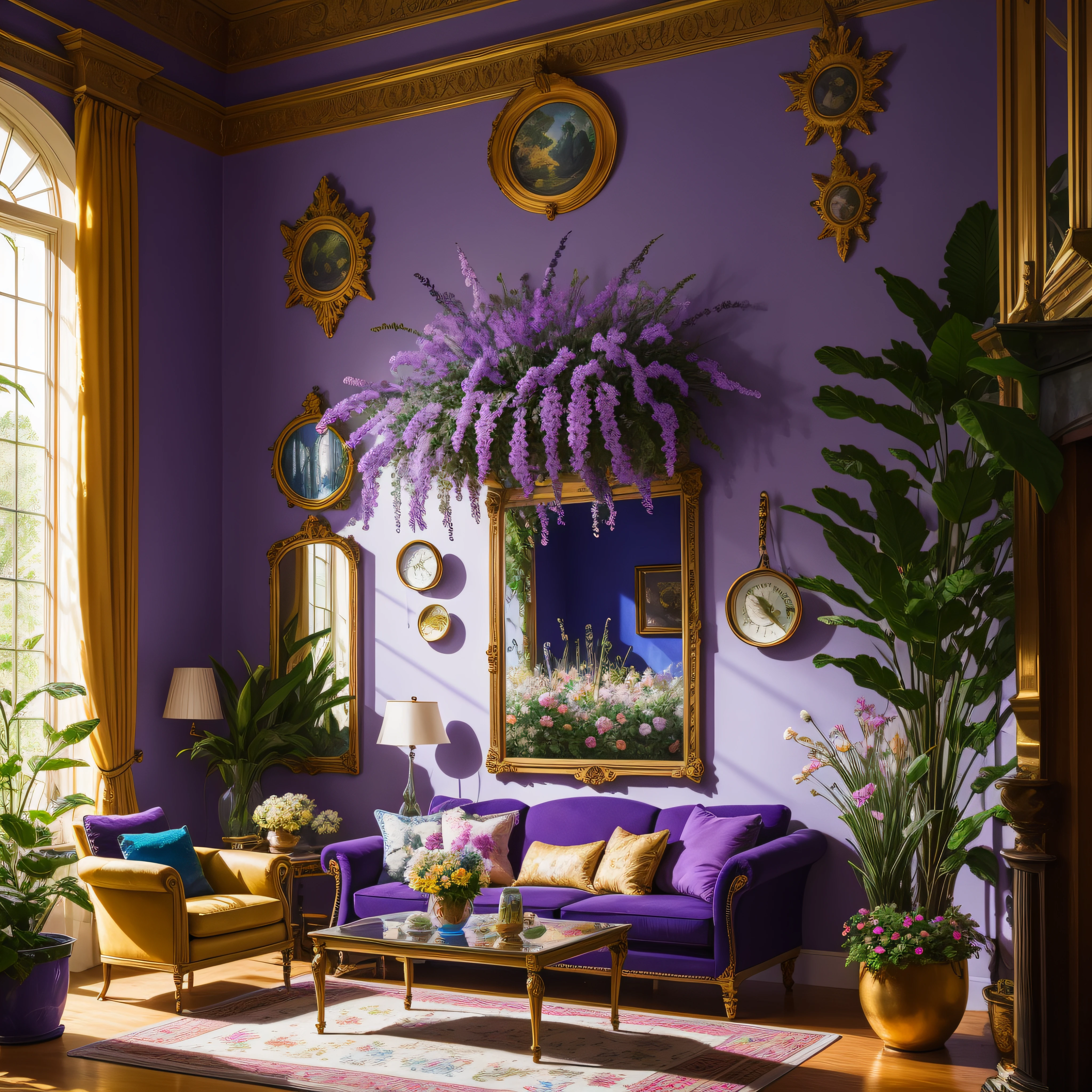 Architectural Digest photo of a maximalist blue -purple {vaporwave/steampunk/solarpunk} living room with lots of flowers and plants, golden light, hyperrealistic surrealism, award winning masterpiece with incredible details, epic stunning