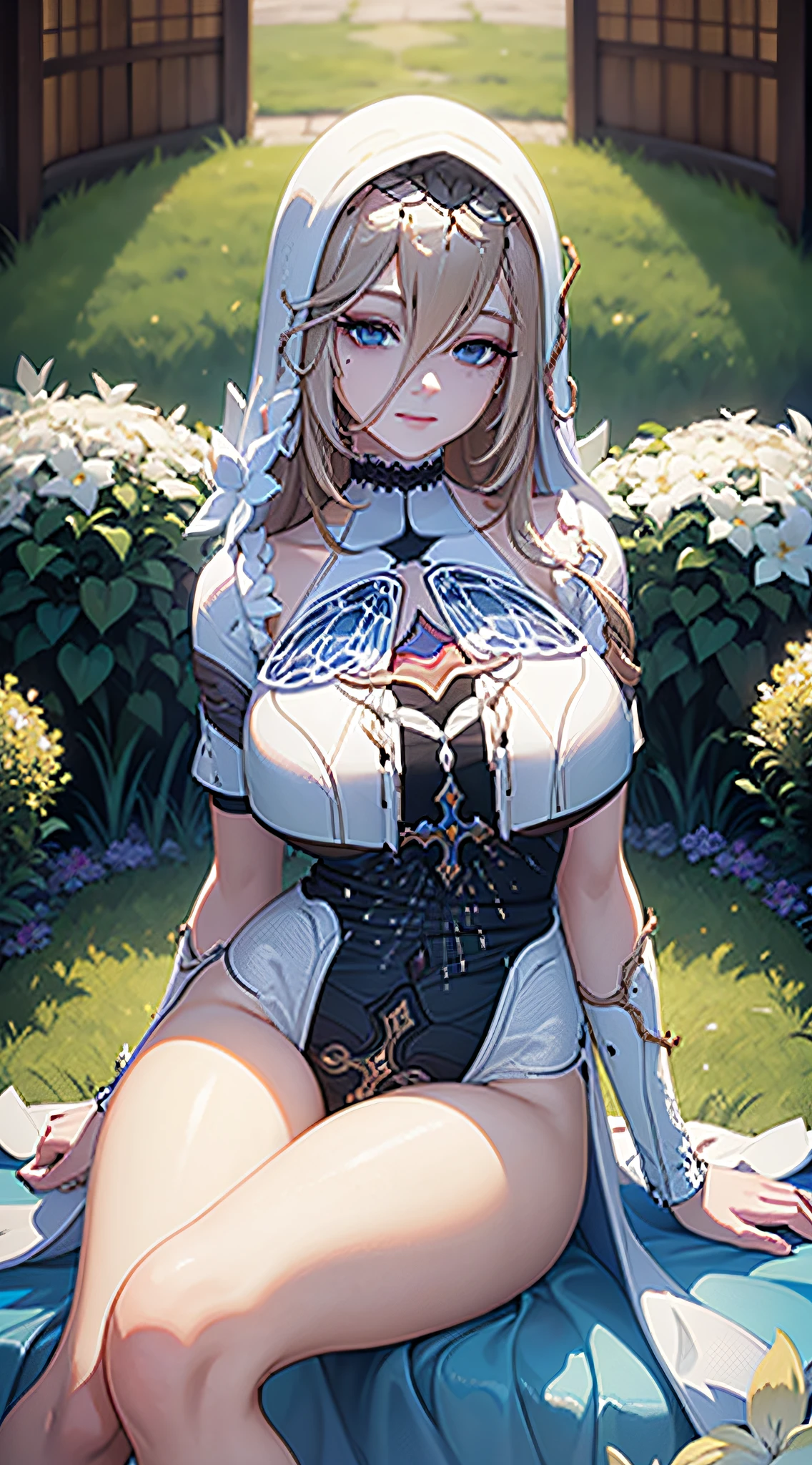 Aponiadef, sitting on a beautiful lawn, full of flowers, looking at the viewer, and smiling, while extending her hand to the viewer, she has big breasts, athletic body, light blonde hair, dark blue eyes, wears a nun outfit with gold trimmings, ultra quality, perfect anatomy, no extra arms or legs, no extra fingers, perfect face, 2k quality