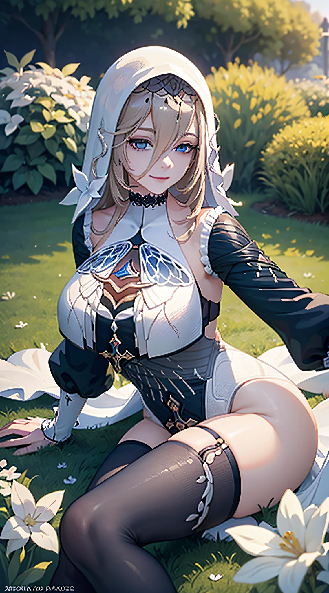 Aponiadef, sitting on a beautiful lawn, full of flowers, looking at the viewer, and smiling, while extending her hand to the viewer, she has big breasts, athletic body, light blonde hair, dark blue eyes, wears a nun outfit with gold trimmings, ultra quality, perfect anatomy, no extra arms or legs, no extra fingers, perfect face, 2k quality