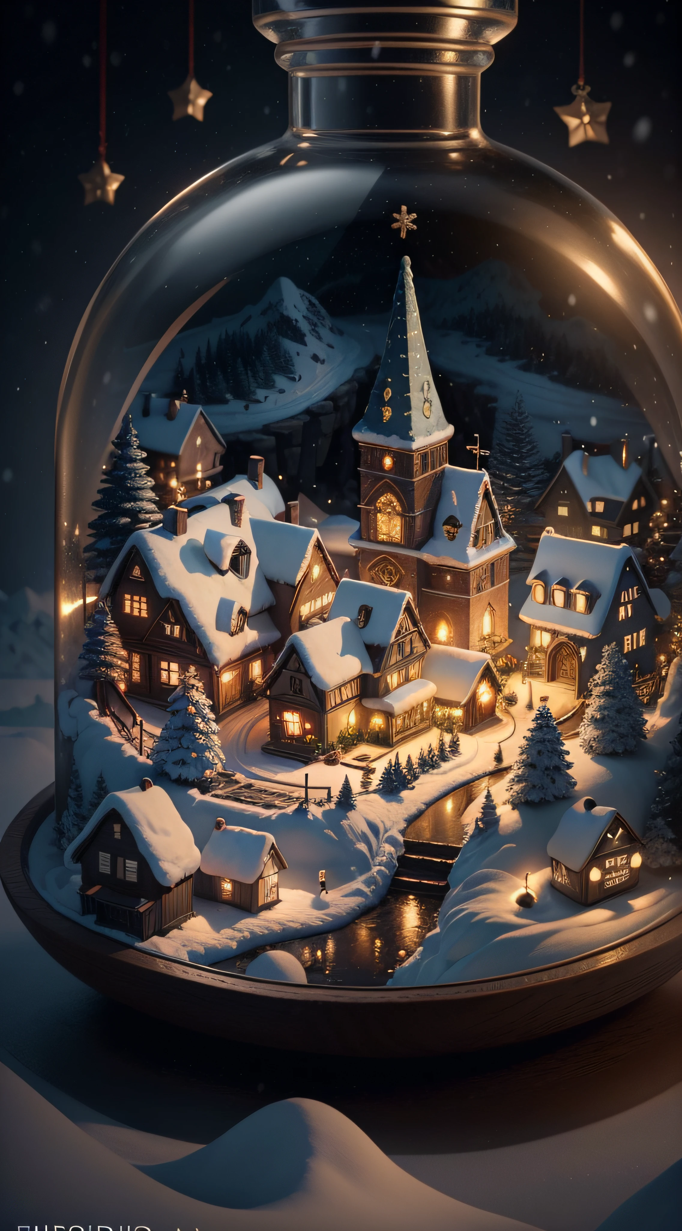 (Landscape of an intricate Christmas mini-town trapped in a bottle)、Atmospheric Oliva Lighting、On the snow、4K UHD、dark ambiance、Highly detailed and vibrant colors、Magnificent composition、rendering octane、foco nítido、high-resolutionisometric,Yuki