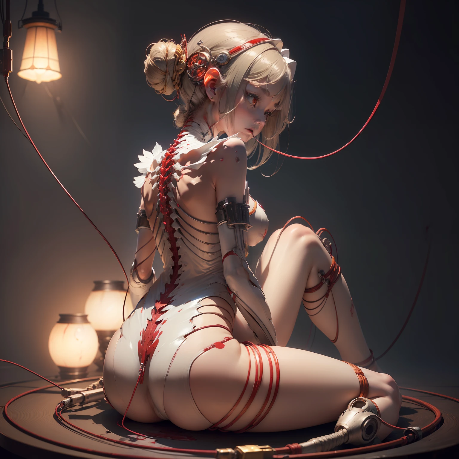(masterpiece、top-quality、top-quality、Official Art、Beautiful and indulgent:1.2)、(1girl in:1.3)、ighly detailed、colourfull、highestdetailed ((ultra-detailliert))、(Highly detailed CG illustrations)、((extremely delicate and beautiful))、(from side)、ciinematic light、((1 Mechanical Girl))、独奏、full bodyesbian、(Mechanical joint:1.2)、((machanical limbs))、(blood vessels connected to tubes)、 (Mechanical vertebrae attached to the back)、((Mechanical cervical vertebrae attached to neck))、(sitting on)、deadpan、(Wires and cables attached to the neck:1.2)、(Head wires and cables:1.2)(Character Focus)、Science fiction、White background、(blood:1.5)、a blond