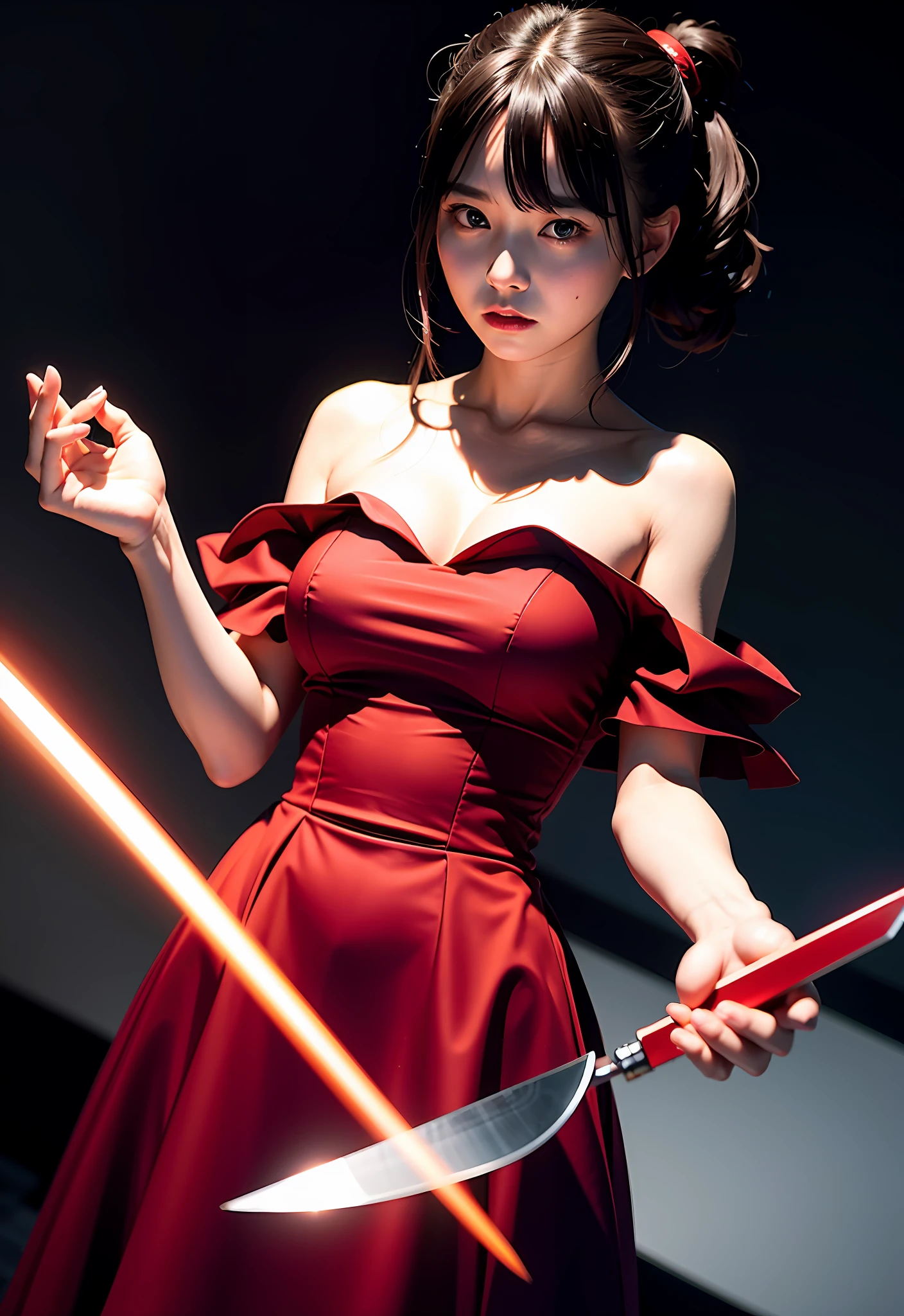 8K、Top image quality、masterpiece、25-years old、(1 adult female)、Red Off Shoulder Dress、Horror style、angry expressions、The dim、The knife glows suspiciously、She's pretty excited、She holds a knife in the dim light、Glaring at us