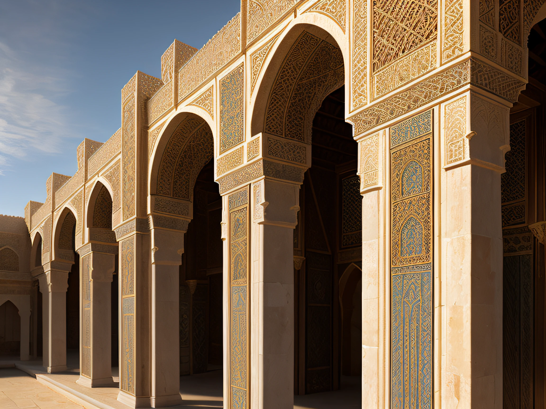 close up shot of a medieval fantasy north african traditional royal palace, exterior, rich, elegant, complex structure, elaborate decorations, byzantine influences, (backlighting), granite, realistic, masterpiece, highest quality, lens flare, shade, bloom, [[chromatic aberration]], by Jeremy Lipking, by Antonio J. Manzanedo, digital painting