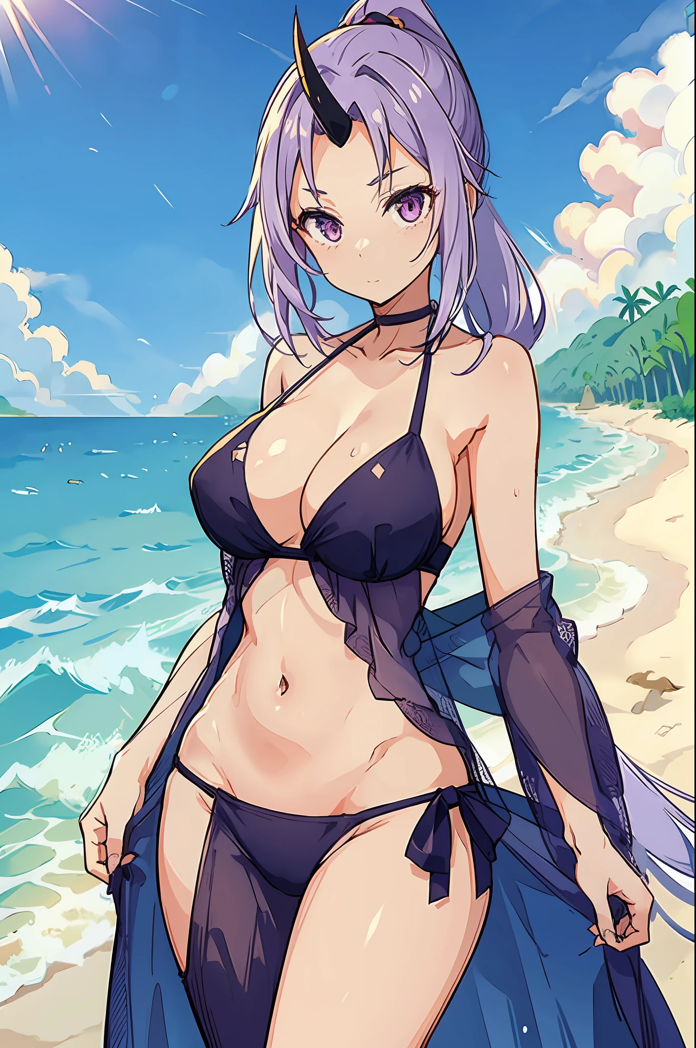 pixel-Shion with a bikini, masterpiece, best quality, 1girl, looking at viewer, looking at viewer, upper body, sexy, hot, large breasts, solo, standing, beach, highly detailed background, high quality, good anatomy, good artist