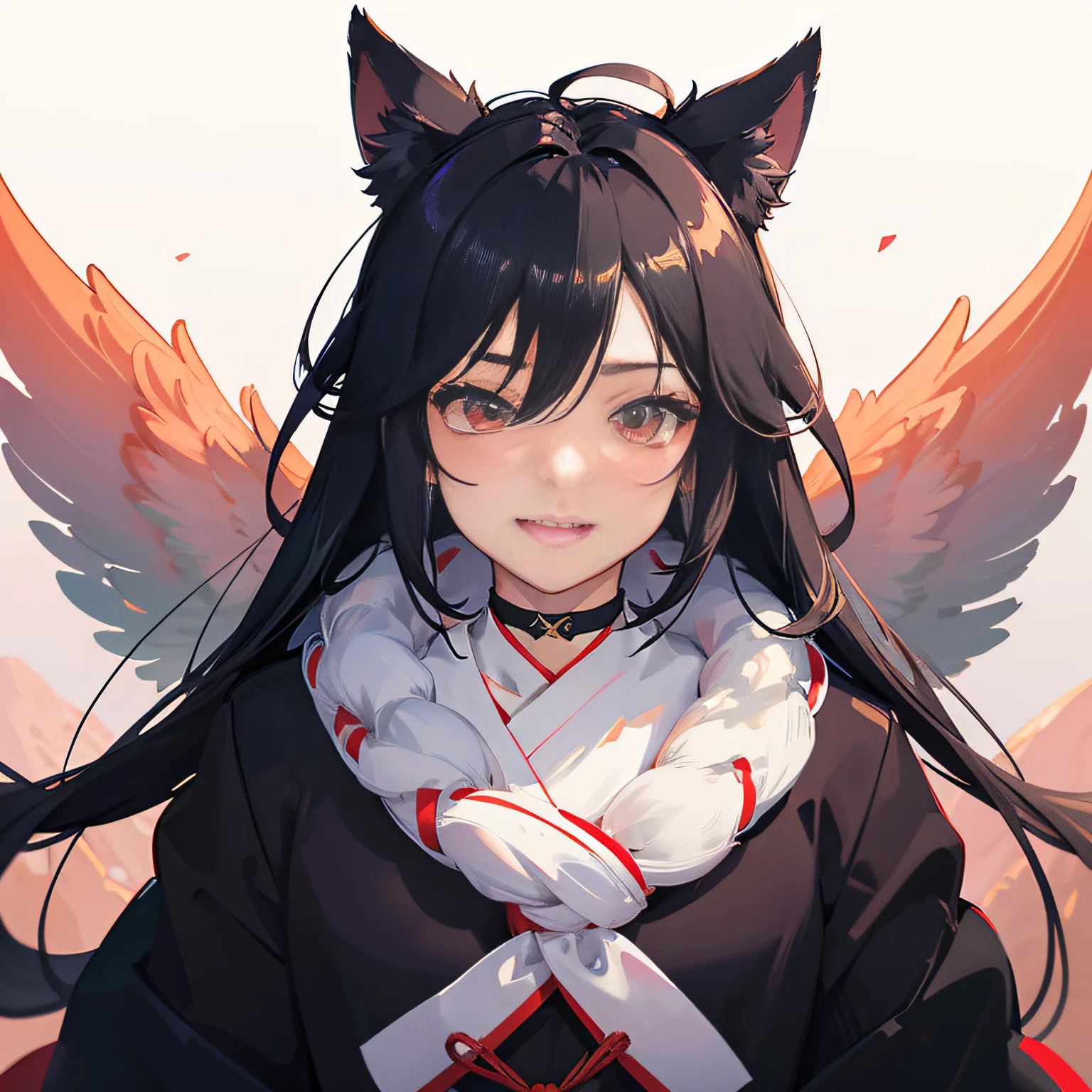 black hair, hair bobbles, wince, longeyelashes, solid circle eyes, fake animal ears, light smile, ear blush, fang, drop shadow, anaglyph, stereogram, tachi-e, pov, atmospheric perspective, 8k, super detail, ccurate, best quality