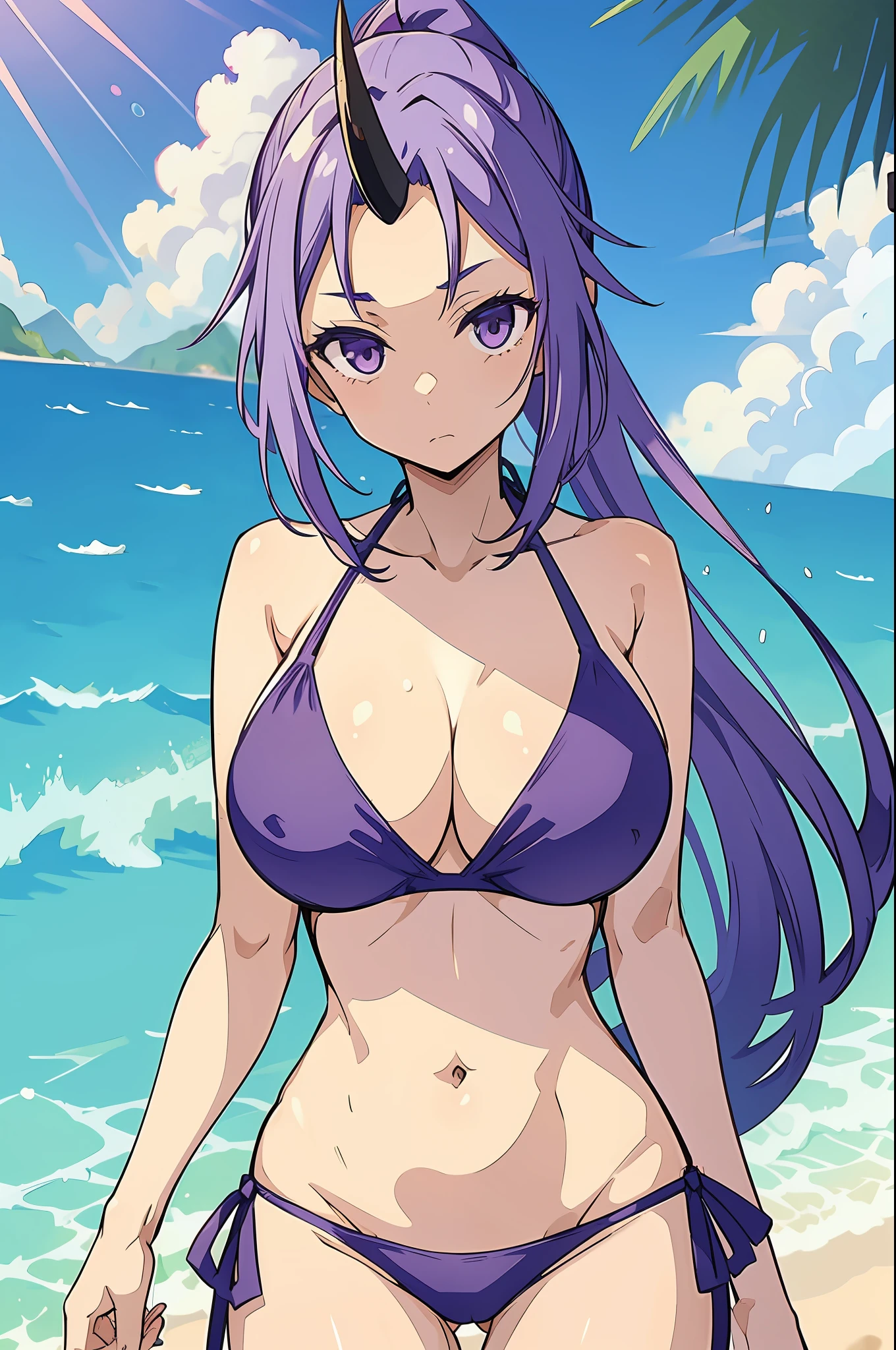 pixel-Shion with a bikini, purple bikini, masterpiece, best quality, 1girl, looking at viewer, looking at viewer, upper body, sexy, hot, large breasts, solo, standing, beach, highly detailed background, high quality, good anatomy, good artist
