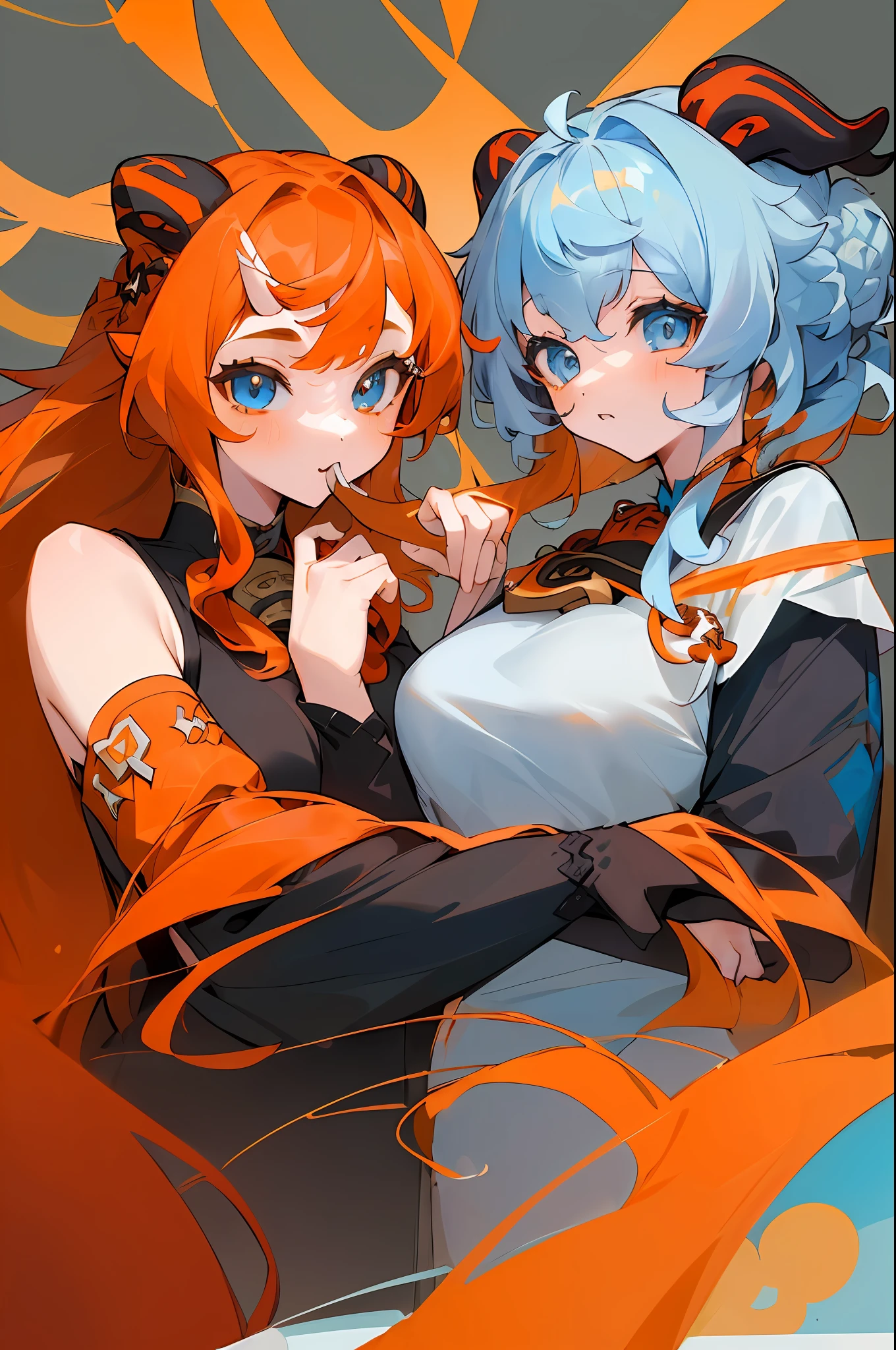 2girls, ((ganyu, horns)) hanging out with (((oc girl with long orange hair with double buns and blue eyes))), 2girls hanging out, ((masterpiece:1.4, best quality)), ((multiple girls:1.4)), multiple girls, genshin impact
