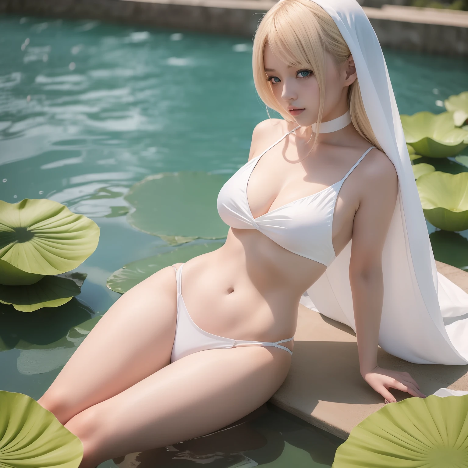 ((4k,masterpiece,best quality)), shuimobysim, bit girl, lotuses, a sailor suit, maxiskit, 1girl, solo, cabelos preto e longos, Wearing white silk,swimmning