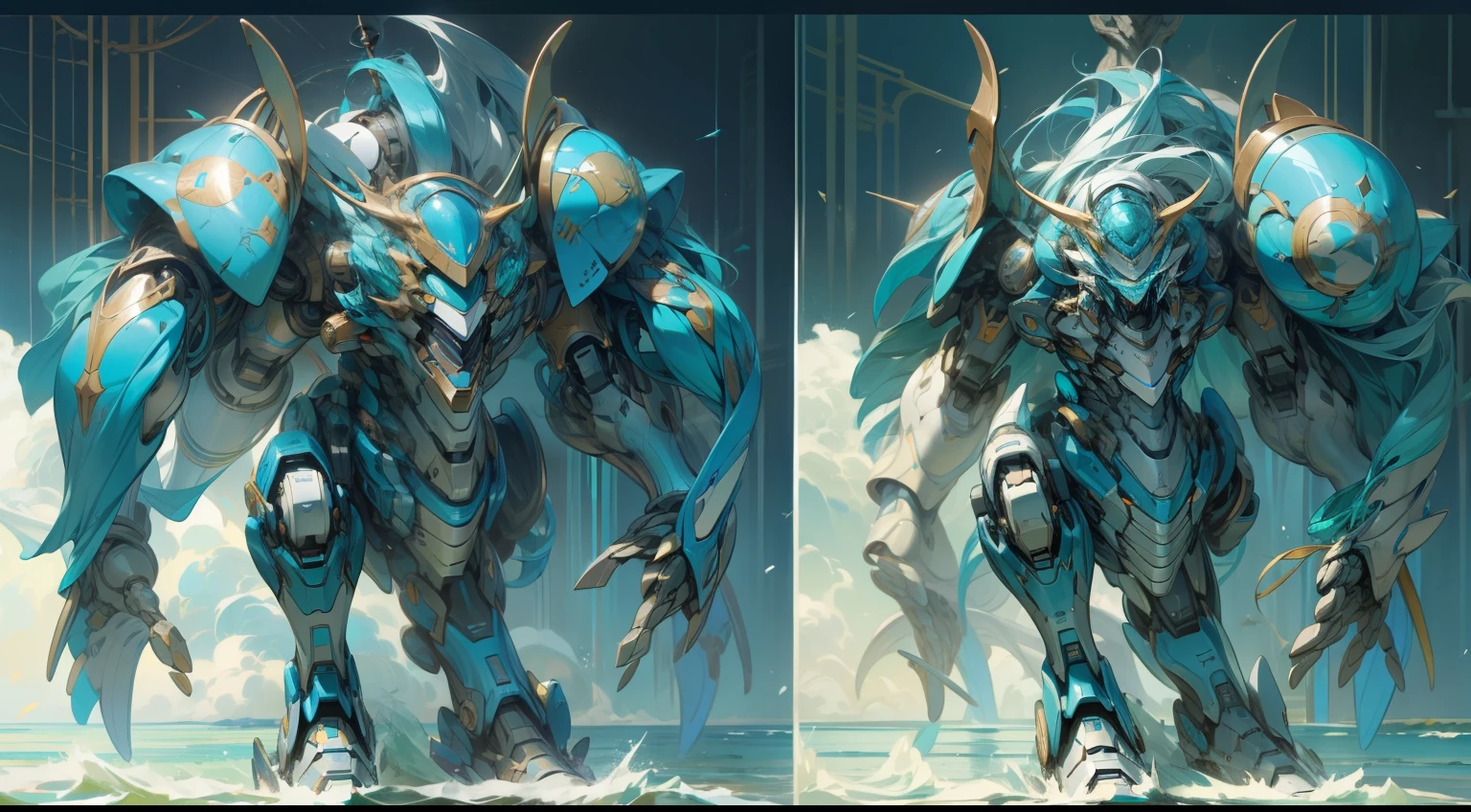 Picture a towering, mechanical representation of Poseidon, the Greek sea god. The robot's design is powerful and aerodynamic, integrating features of sea creatures to underscore its sovereignty over the sea. The color scheme is a blend of blues, greens, and silvers, mirroring the colors of the ocean and its inhabitants. The robot brandishes a trident, a symbol of its might, and its feet are fashioned to mimic horse hooves, a tribute to Poseidon's creation of horses. The robot possesses the power to manipulate water and attract sea animals. The style should be a fusion of Greek mythology and robotics. The lighting should be intense, accentuating the robot's metallic glow and the glistening water around it. The composition should be a full-body shot, showcasing the robot's commanding presence and the encompassing ocean. Use photo hyper-realism, highly detailed, and high-resolution 16k. --ar 16:9 --v 5.1 --style raw --q 2 --s 750