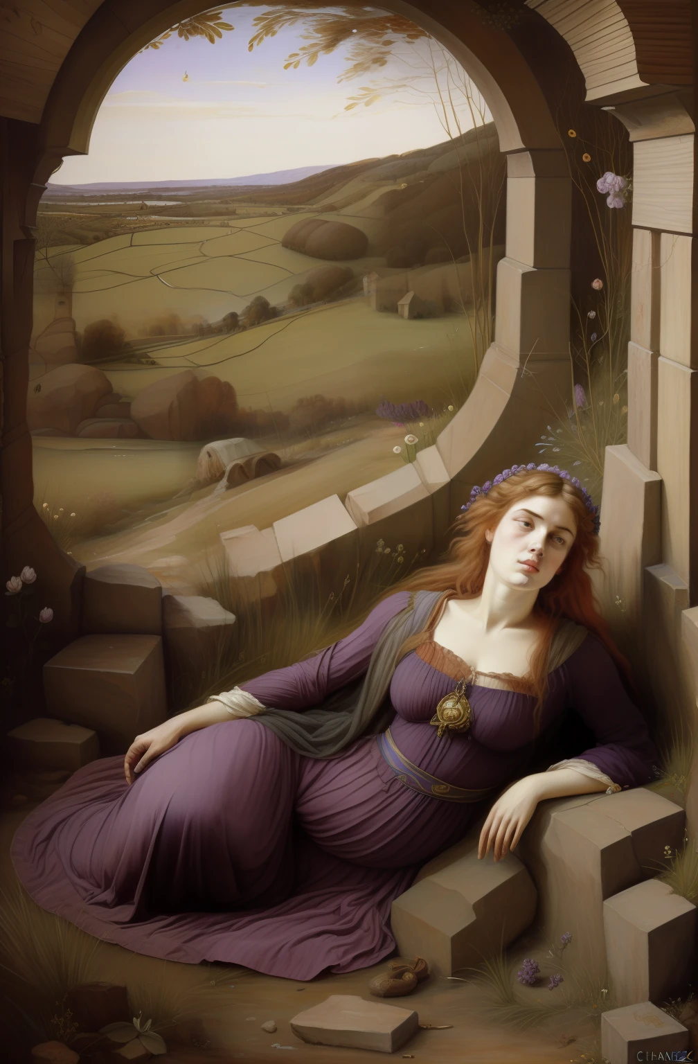 (((Pre Raphaelie Painting))) homem magro, cadaveric, dead body, morto, caverna, campo de urzes, urze roxas, charneca, Rustic, gruta, urzes lilases, charneca, frio, violeta, roxo, lilac