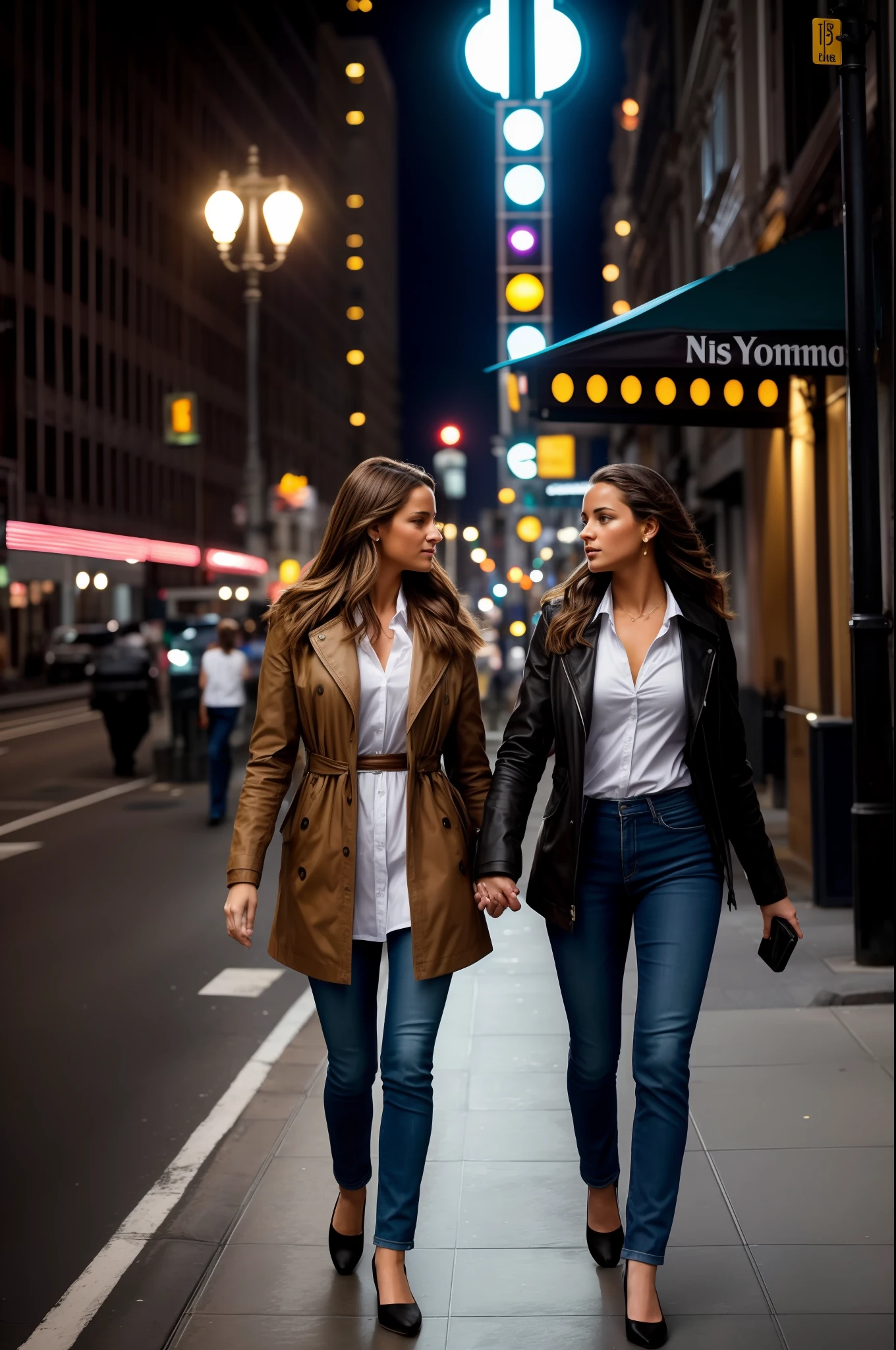 Una imagen espectacular. A medium shot of a beautiful young woman of about 23 years and her sister of 27 years even more impressive, are of Germanic origin. The two are together holding hands strolling down a New York street on a Saturday night on their way to party areas..... Realismo extremo, detalles locos, intricate composition, cinematic quality, perfect photography, Colores sublimes.