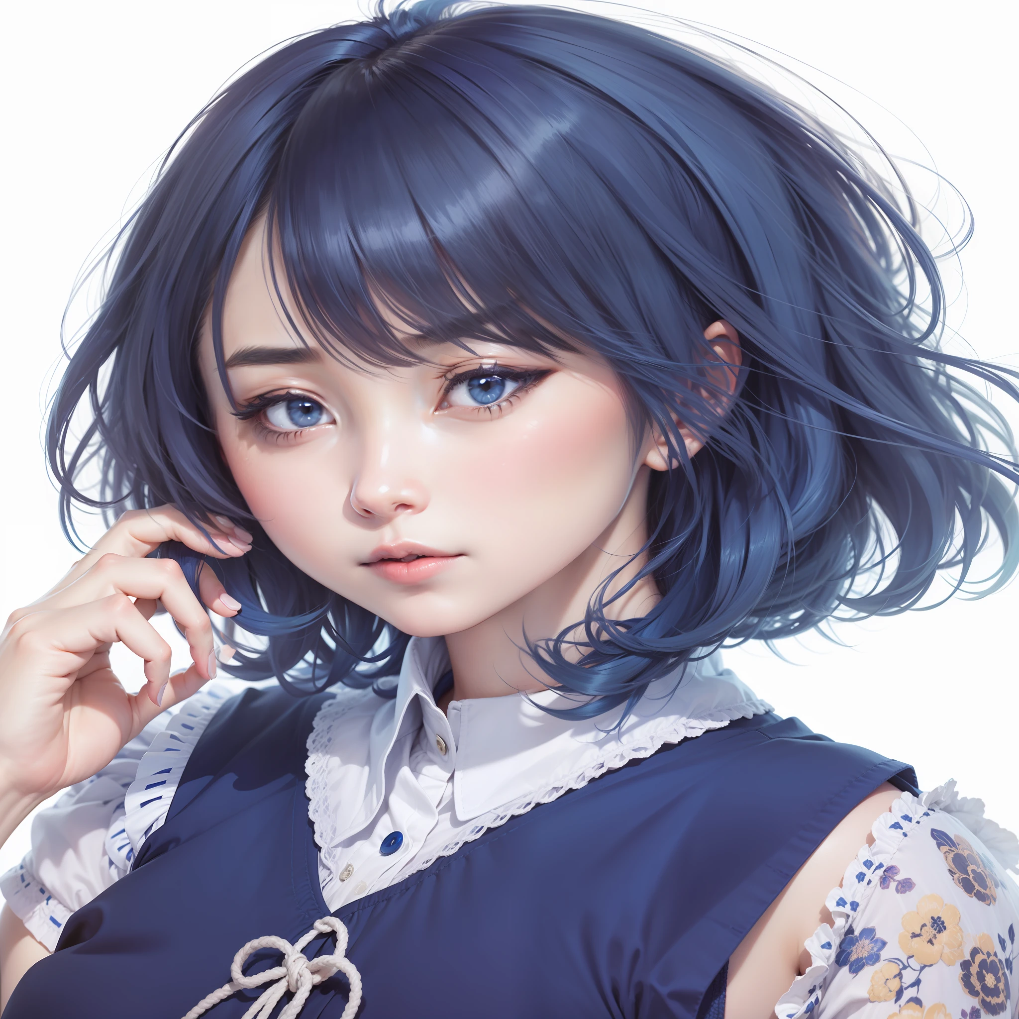 1 girls, Akane Kurokawa, vest blue , short hair , blue hair, realistic, ultra detail, 70mm lens