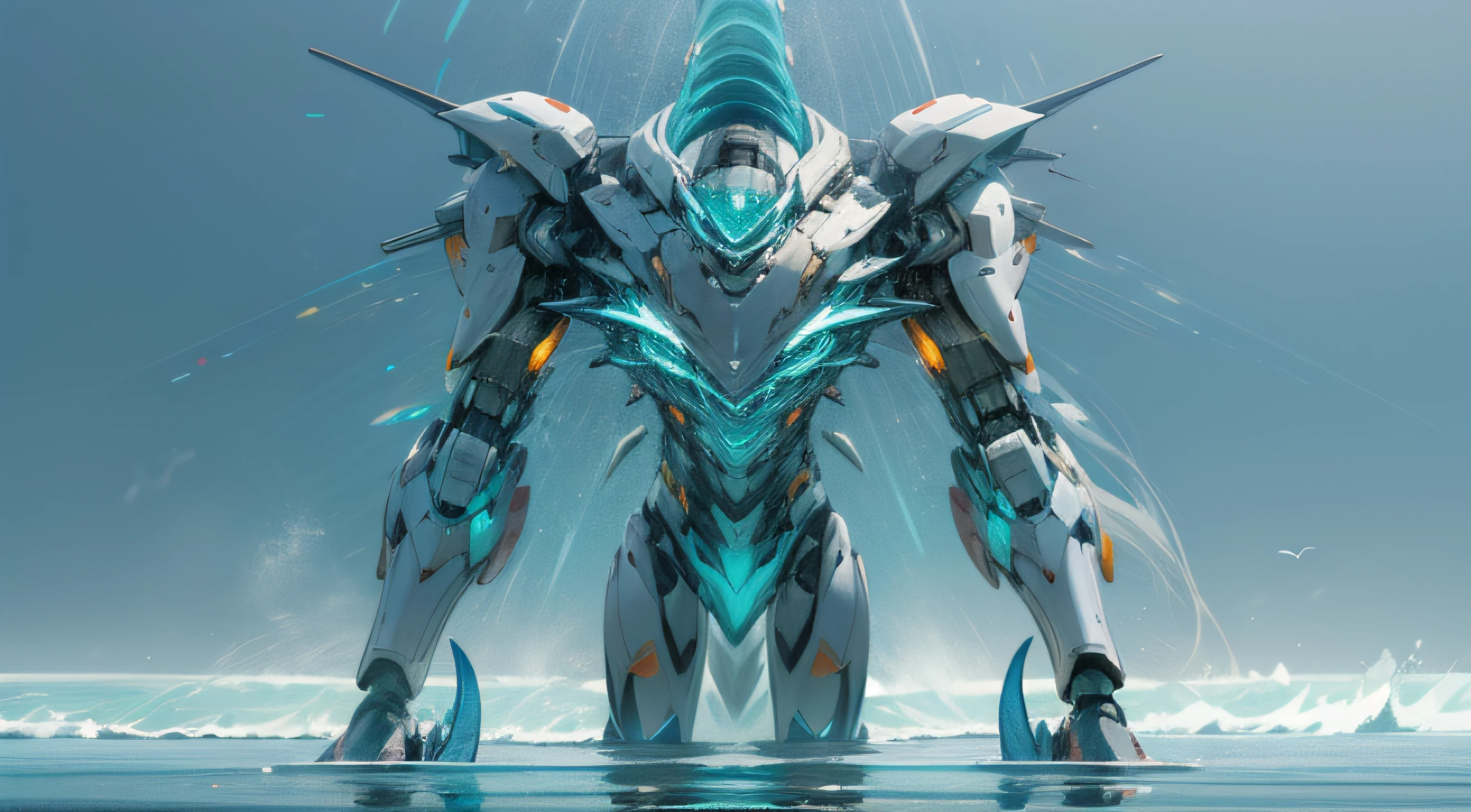 Picture a towering, mechanical representation of Poseidon, the Greek sea god. The robot's design is powerful and aerodynamic, integrating features of sea creatures to underscore its sovereignty over the sea. The color scheme is a blend of blues, greens, and silvers, mirroring the colors of the ocean and its inhabitants. The robot brandishes a trident, a symbol of its might, and its feet are fashioned to mimic horse hooves, a tribute to Poseidon's creation of horses. The robot possesses the power to manipulate water and attract sea animals. The style should be a fusion of Greek mythology and robotics. The lighting should be intense, accentuating the robot's metallic glow and the glistening water around it. The composition should be a full-body shot, showcasing the robot's commanding presence and the encompassing ocean. Use photo hyper-realism, highly detailed, and high-resolution 16k. --ar 16:9 --v 5.1 --style raw --q 2 --s 750