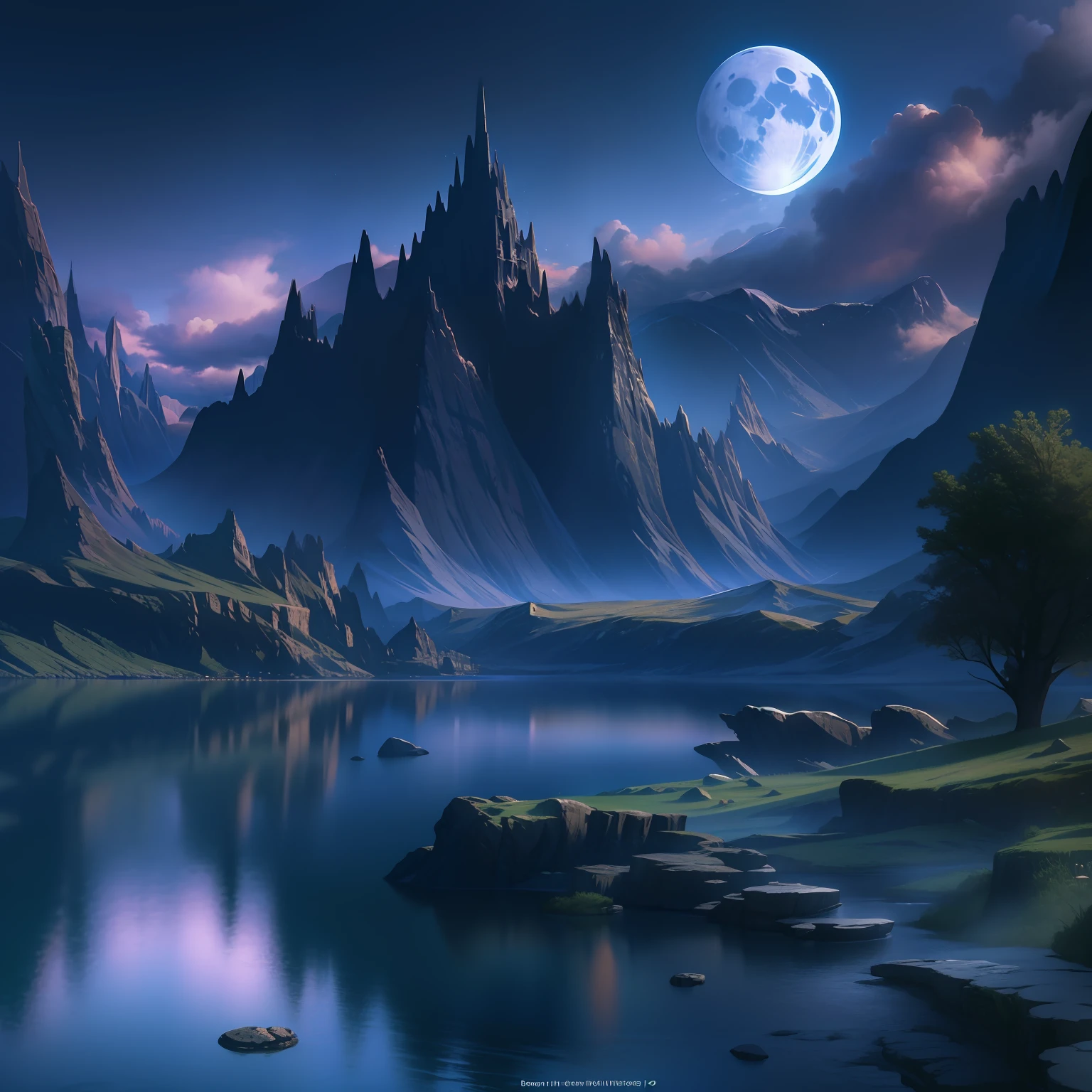 mountains and a lake with a moon in the sky, 4k highly detailed digital art, 4 k hd wallpaper very detailed, impressive fantasy landscape, sci-fi fantasy desktop wallpaper, unreal engine 4k wallpaper, 4k detailed digital art, sci-fi fantasy wallpaper, epic dreamlike fantasy landscape, 4k hd matte digital painting, 8k stunning artwork