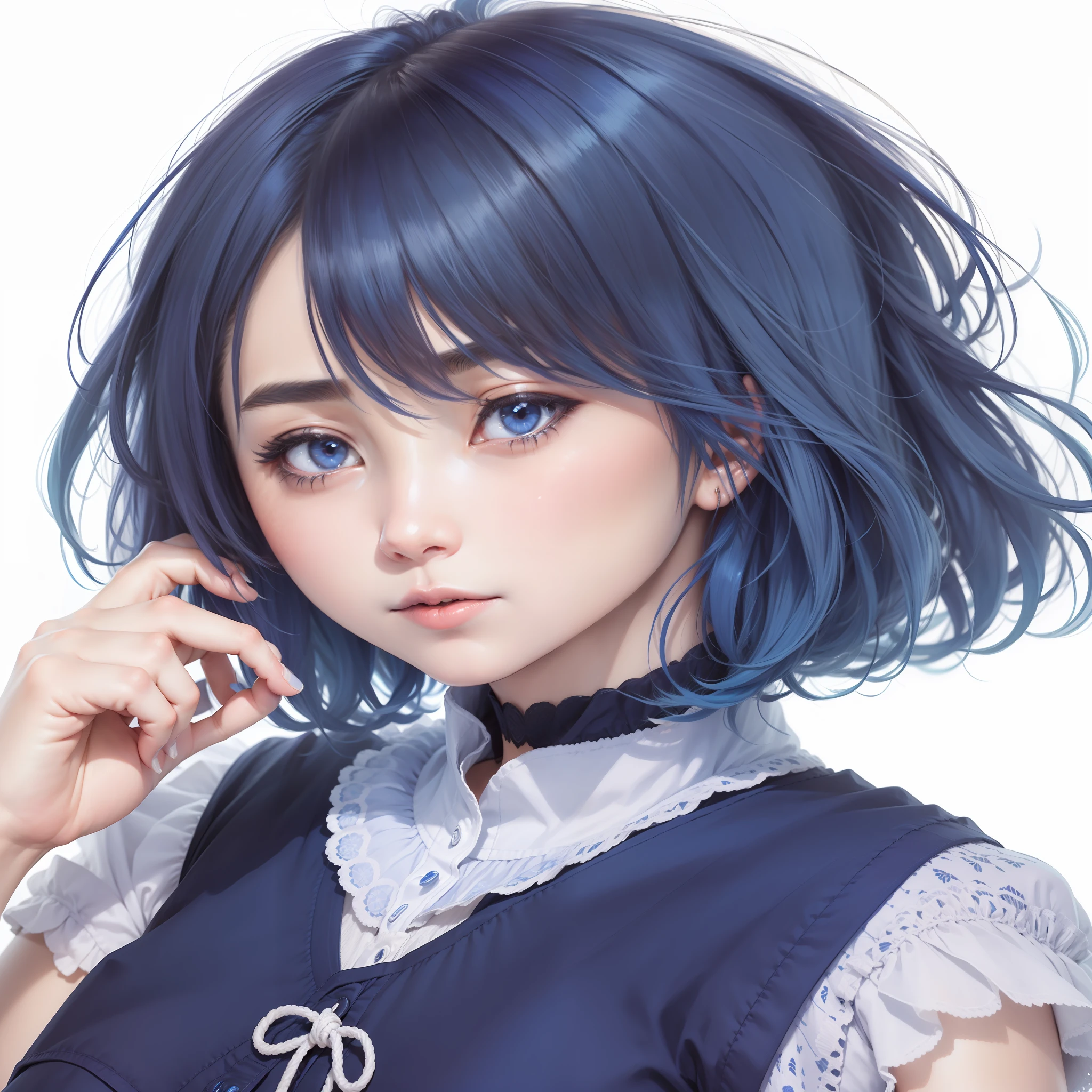 1 girls, Akane Kurokawa, vest blue , short hair , blue hair, realistic, ultra detail, 70mm lens