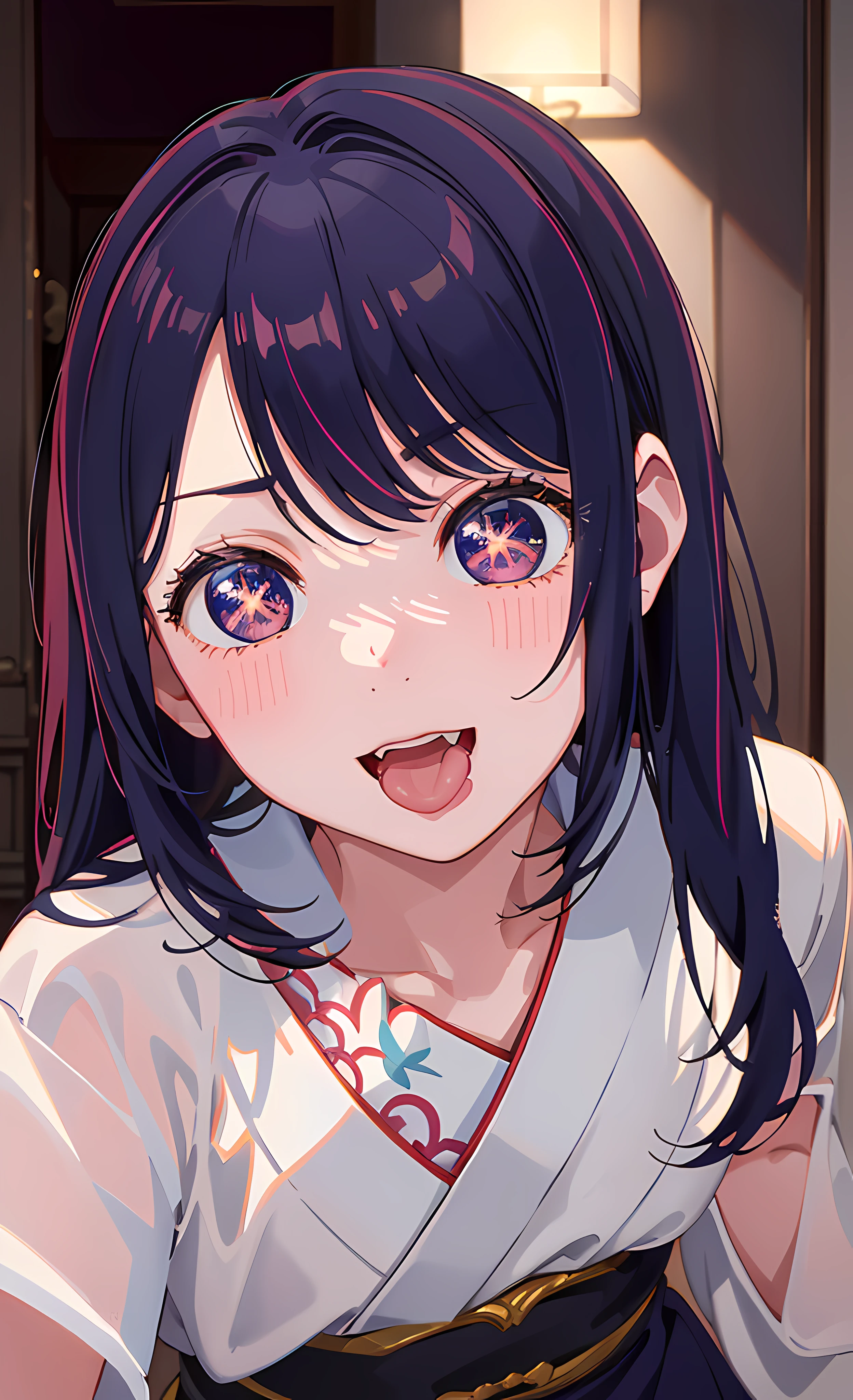 masterpiece, detail, intricate, lighting, composition, Hoshino Ai, Japanese, idol, portrait, cute, playful, making silly face, eyes crossed, tongue out, laughing, joy, happiness, positivity, clothing, hair, accessories, 4k, realistic, high resolution, perfect focus, vivid color, energetic, youthful, fun, detailed features, flawless skin