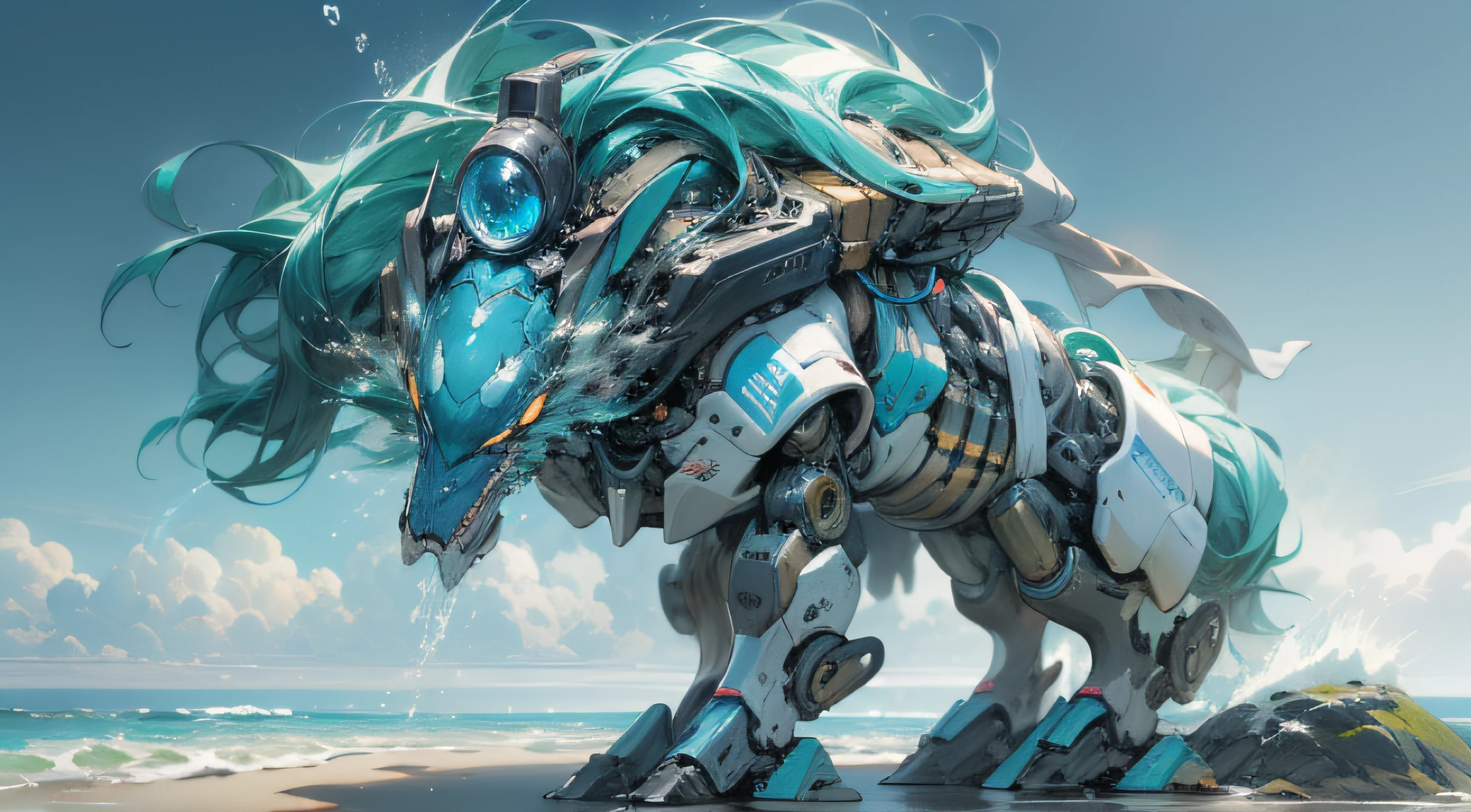 Imagine a colossal, mechanized interpretation of Poseidon, the Greek god of the sea. The robot is robust and streamlined, incorporating elements of marine life into its design to emphasize its dominion over the oceans. Its color palette is primarily blue, green, and silver, reflecting the hues of the sea and marine life. The robot wields a trident in its hand, a symbol of its power, and its feet are designed to resemble horse hooves, a nod to Poseidon's creation of horses. The robot has the ability to control water and summon marine creatures. The style should be reminiscent of Greek mythology, but with a mechanical twist. The lighting should be dramatic, highlighting the robot's metallic sheen and the shimmering water around it. The composition should be a full-body shot, capturing the robot's imposing stature and the surrounding seascape. Use photo hyper-realism, highly detailed, and high-resolution 16k. --ar 16:9 --v 5.1 --style raw --q 2 --s 750