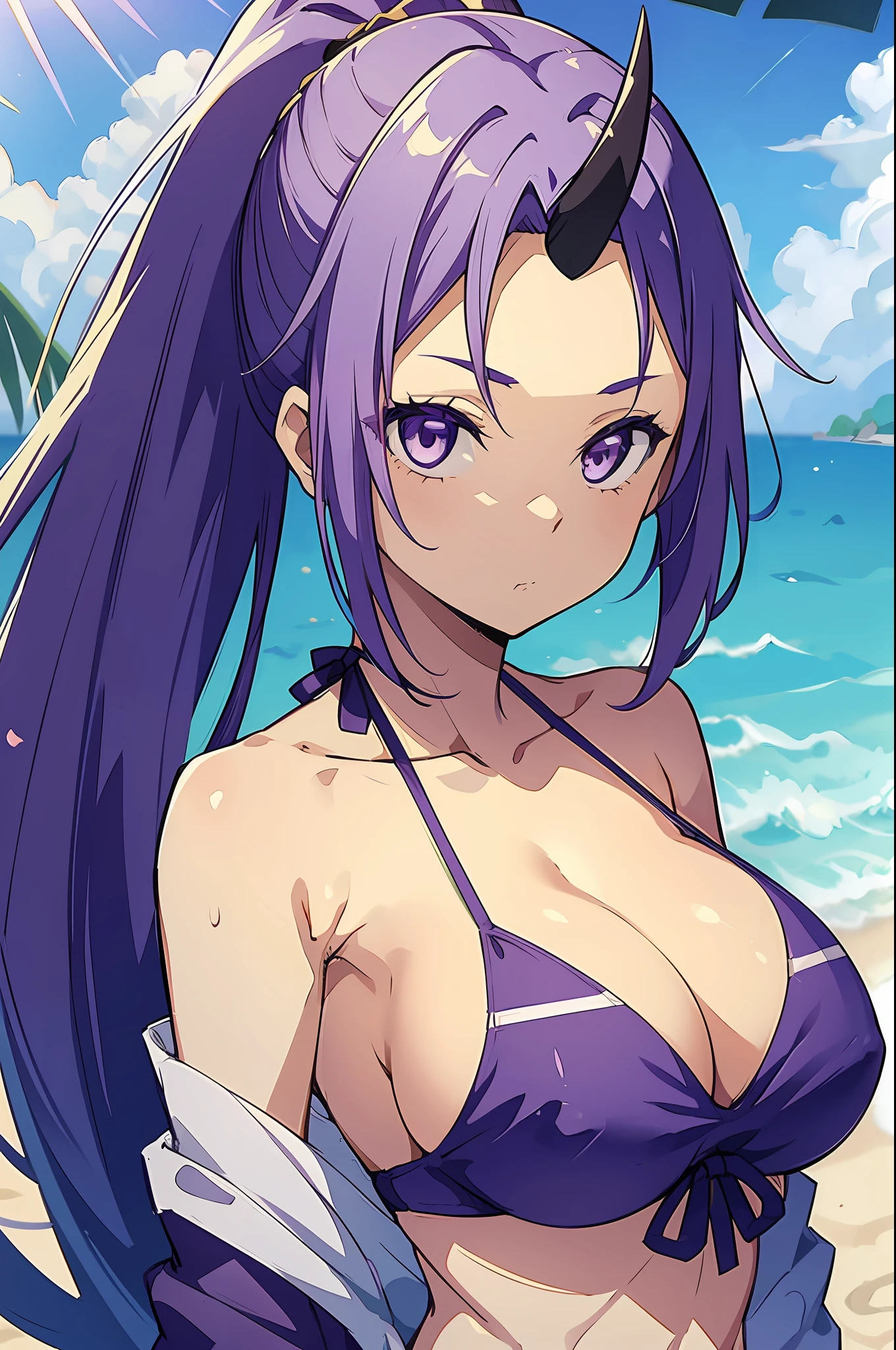 pixel-Shion with a bikini, purple bikini, masterpiece, best quality, 1girl, looking at viewer, looking at viewer, upper body, sexy, hot, large breasts, solo, standing, beach, highly detailed background, high quality, good anatomy, good artist