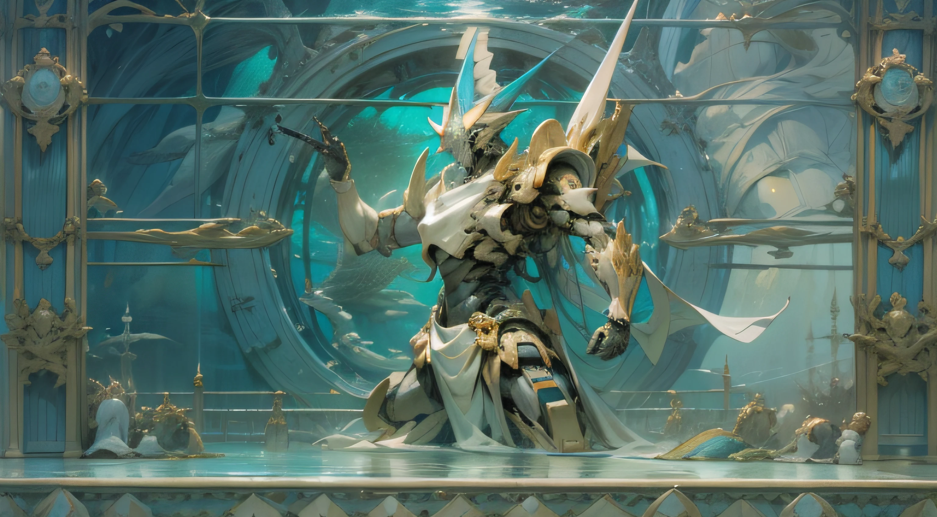 Imagine a colossal, mechanized interpretation of Poseidon, the Greek god of the sea. The robot is robust and streamlined, incorporating elements of marine life into its design to emphasize its dominion over the oceans. Its color palette is primarily blue, green, and silver, reflecting the hues of the sea and marine life. The robot wields a trident in its hand, a symbol of its power, and its feet are designed to resemble horse hooves, a nod to Poseidon's creation of horses. The robot has the ability to control water and summon marine creatures. The style should be reminiscent of Greek mythology, but with a mechanical twist. The lighting should be dramatic, highlighting the robot's metallic sheen and the shimmering water around it. The composition should be a full-body shot, capturing the robot's imposing stature and the surrounding seascape. Use photo hyper-realism, highly detailed, and high-resolution 16k. --ar 16:9 --v 5.1 --style raw --q 2 --s 750