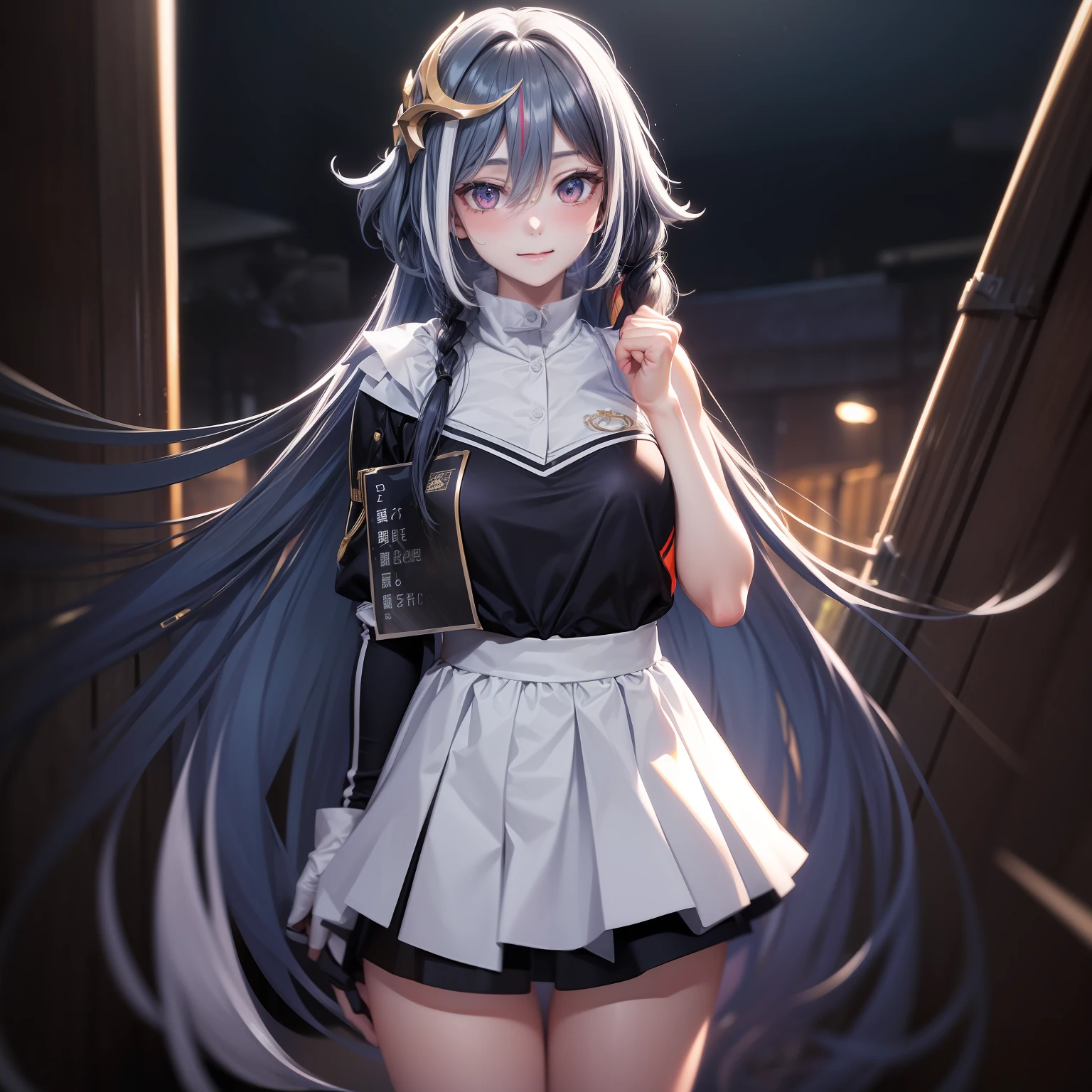 Best quality, Masterpiece, Ultra-detailed, Beautiful, A high resolution, Original, absurderes, Felt, 1girll, Solo, Long_Hair, Looking_at_peeping at the viewer, Smile,A bit obsessive-compulsive, bangs, black_Hair, Hair_decorations, Red_Eyes, Hair_between_Eyes, Chinese_clothes, uneven_Sleeves, :D, standing, Simple background, White background, mitts, asymmetrical_Sleeves, Fingerless gloves, High quality, full body detailing, Golden ratio, RAW photo (Short straight black hair) (pale 20-year-old woman, short,head straight-looking at viewer, full bodyesbian, Perfect face, Amazing eyes, Vivid details, (skin with many details), (Dark), aurora, (Backlight: 0.5), Depth of field, Canon 5D, 50mm lens, f/4 aperture, (Super detail), Sharp focus, pastelcolor, 8K, consciousness, 8mm film food, War photography absurdity、tmasterpiece、Best quality、realisticlying、Hyper-detailing、(Shiny skin,sweat leggs:1.4)、Slim、Look at the audience、1girll、Solo、tennis wear、White polo shirt、White sneakers、white mini-skirt、long whitr hair、silber hair、eBlue eyes、(thick thight:0.5)、动态照明、A high resolution、sharp fokus、depth of fields、Poor chest