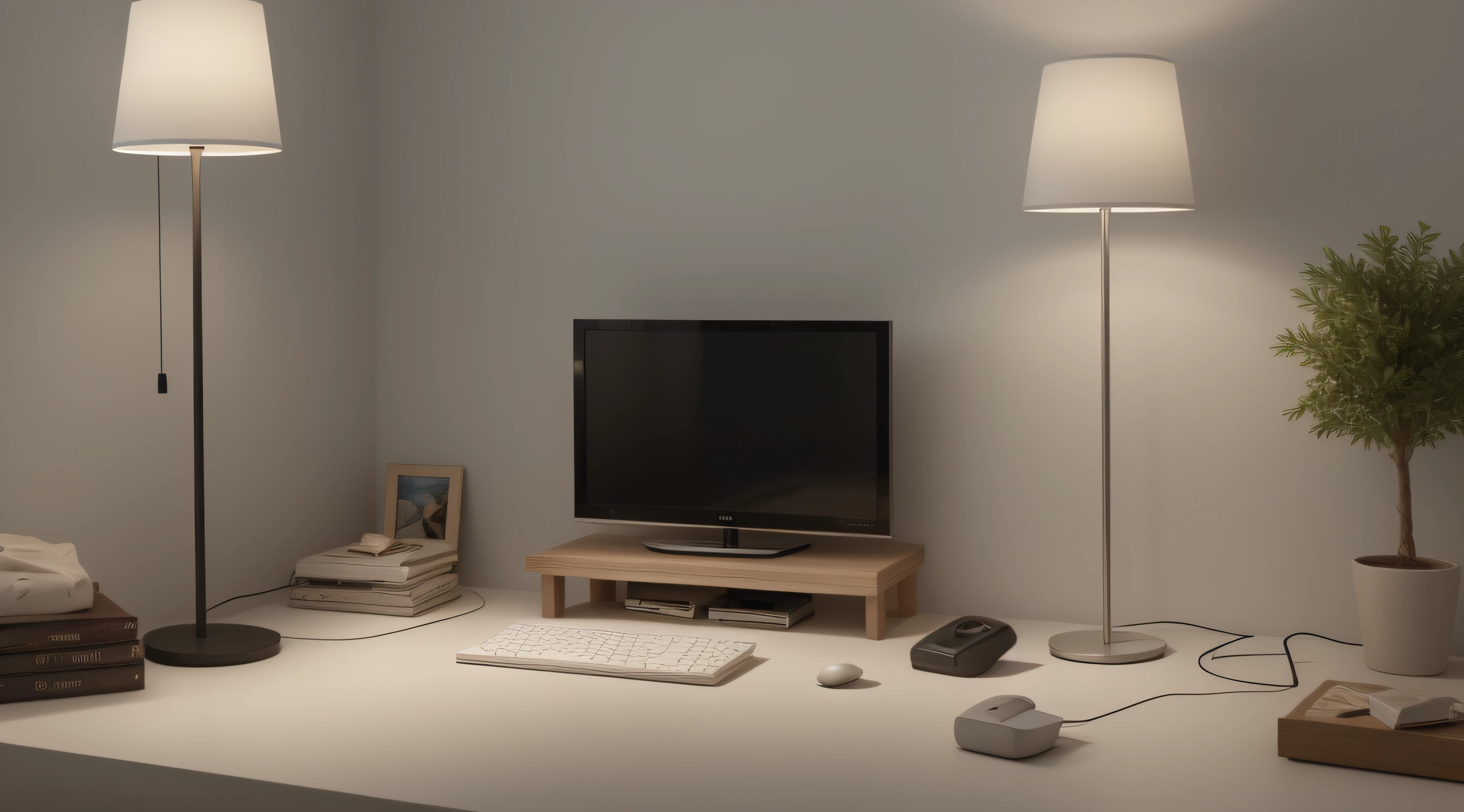 Uma imagem de um banner com todos os tipos de produtos, desde celulares, cabos, carregador, armazenamento, pendrive, television, lamp, with a white background and each item highlighted in its own place, with true-to-life rendering details. without much lighting epic rendering, octanagem, atmosfera, particuls, soft volumetric lights, (backlit: 1.3), (kinematics: 1.3), detalhes intrincados, (ArtStation: 1.3)