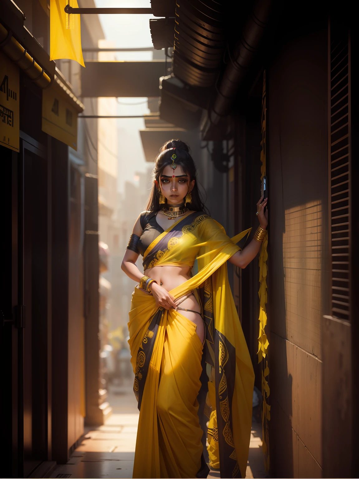 change background cyberpunk indian beautiful girl, wearing yellow saree, Ultra realistic , 8k