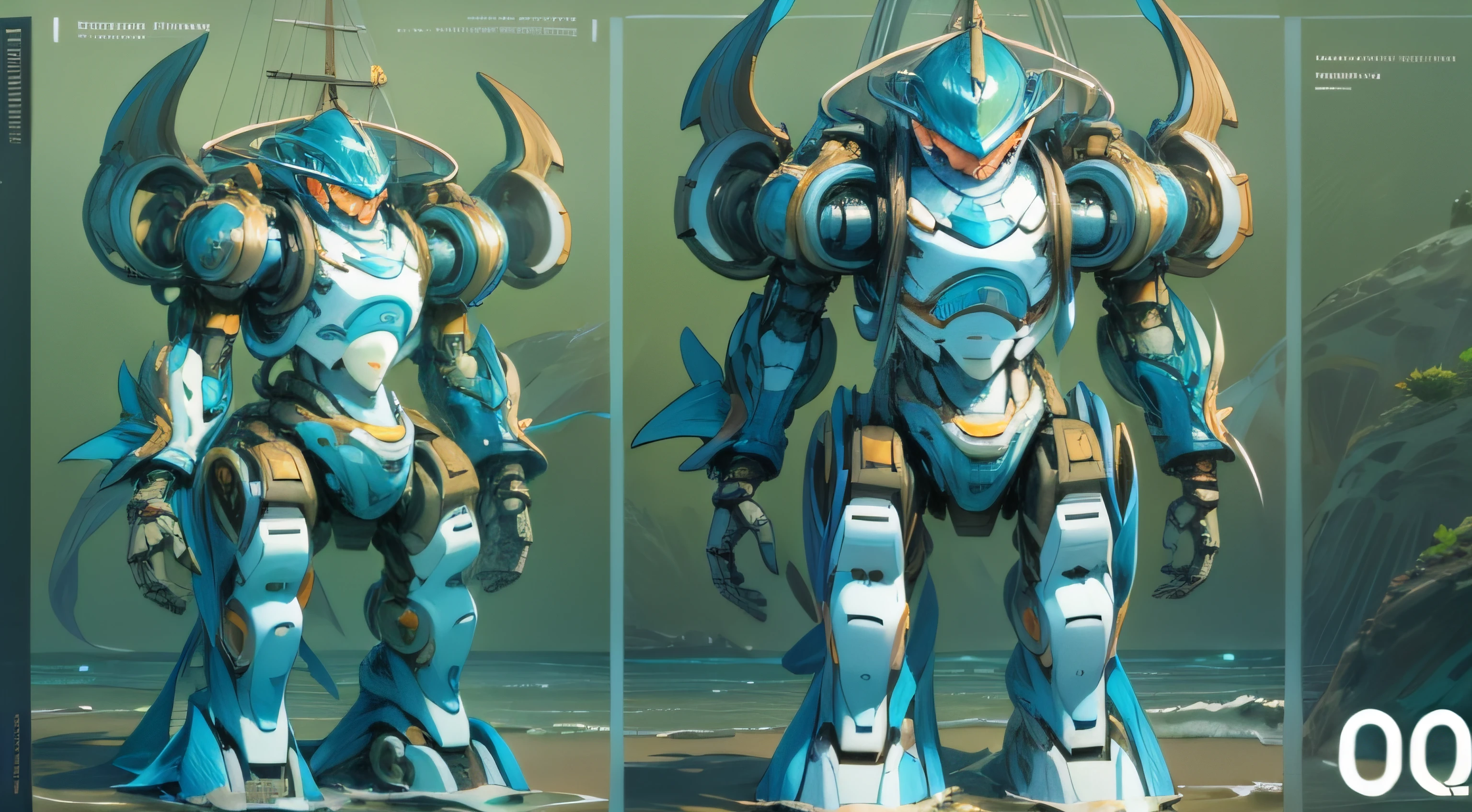 Imagine a colossal, mechanized interpretation of Poseidon, the Greek god of the sea. The robot is robust and streamlined, incorporating elements of marine life into its design to emphasize its dominion over the oceans. Its color palette is primarily blue, green, and silver, reflecting the hues of the sea and marine life. The robot wields a trident in its hand, a symbol of its power, and its feet are designed to resemble horse hooves, a nod to Poseidon's creation of horses. The robot has the ability to control water and summon marine creatures. The style should be reminiscent of Greek mythology, but with a mechanical twist. The lighting should be dramatic, highlighting the robot's metallic sheen and the shimmering water around it. The composition should be a full-body shot, capturing the robot's imposing stature and the surrounding seascape. Use photo hyper-realism, highly detailed, and high-resolution 16k. --ar 16:9 --v 5.1 --style raw --q 2 --s 750