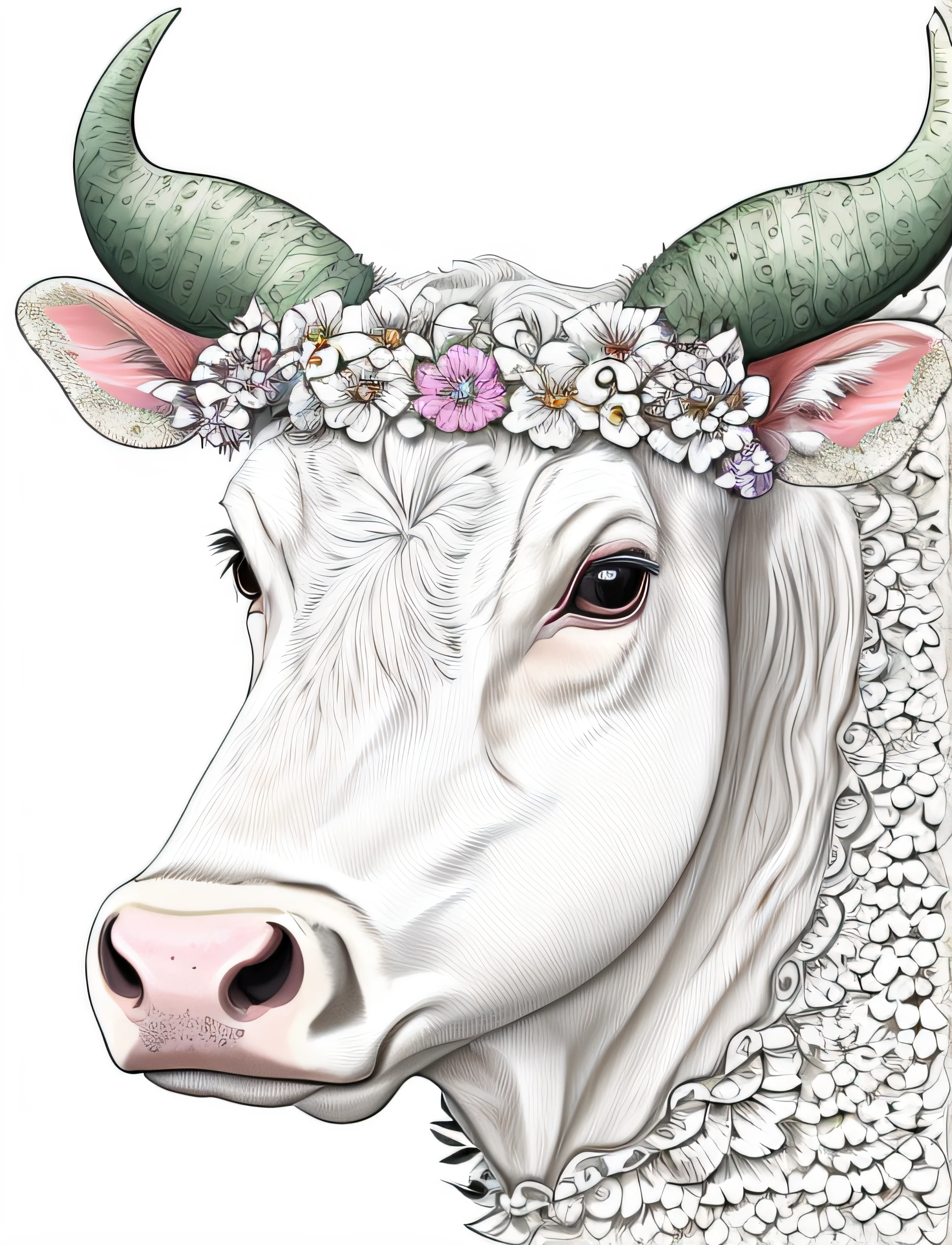 a cow with a floral pattern on its face and horns, highly detailed illustration, symmetrical and detailed, very very highly detailed, cow, highly-detailed illustration, highly detailed and ornated