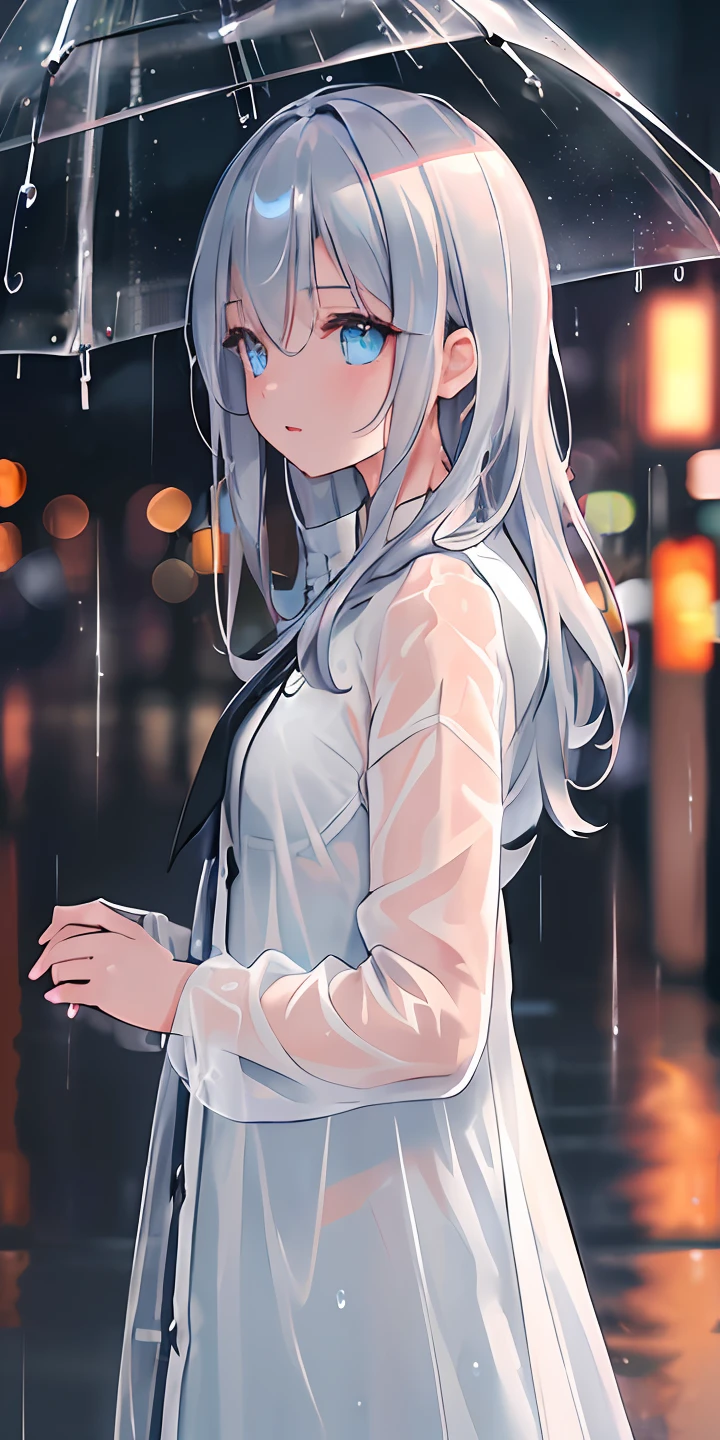 (masterpiece:1.21), (best quality:1.331), ((ultra-detailed)), ((extremely best illustration)), ((amazing)), (hyper quality), Gorgeous and rich graphics,
(extremely delicate and beautiful:1.21), 8k, wallpaper, (extremely beautiful lighting), hard light, delicate composition, (perfect conposition), (extremely beautiful and detailed background:1.21), rembrandt style expression of light and shadow, dark tone, (low-key and high-variance colorscale), ((depth of field)), deep shadow,
dynamic angle, from side, upper body, radial blur,
rain, (city lights, blurry background),
(1girl),(beautiful detailed eyes), clear blue eyes, long and silver french braid hair,
fatigues,
transparent raincoat, wet clothes and wet skin and dripping wet hair,
lens flare, string lights, street,, masterpiece, best quality,
