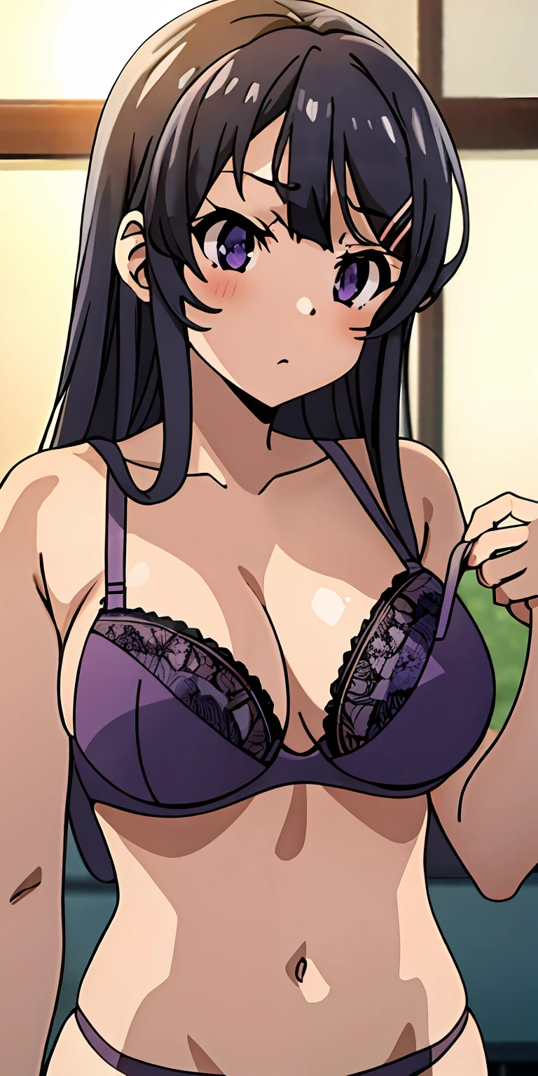 sakurajima mai, mai-san, (masterpiece), violet bra, violet panties, 1girl, solo