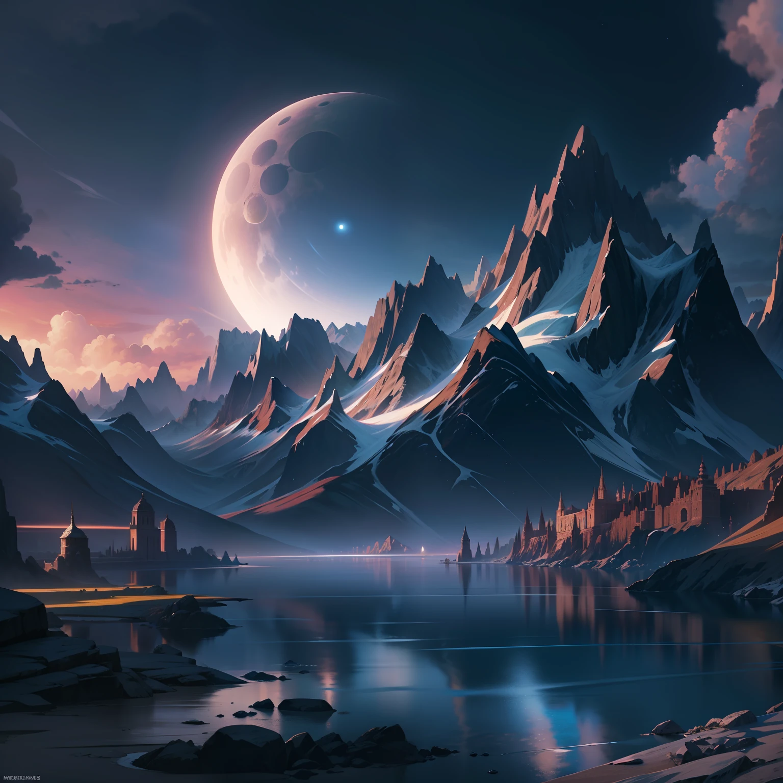 mountains and a lake with a moon in the sky, 4k highly detailed digital art, 4 k hd wallpaper very detailed, impressive fantasy landscape, sci-fi fantasy desktop wallpaper, unreal engine 4k wallpaper, 4k detailed digital art, sci-fi fantasy wallpaper, epic dreamlike fantasy landscape, 4k hd matte digital painting, 8k stunning artwork