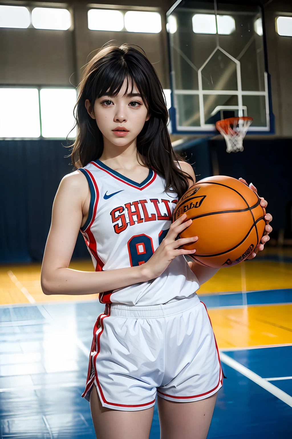 (8k, Best Quality, Masterpiece: 1.2), (Realistic, Realistic: 1.37), Ultra Detailed, Best Quality, Ultra High Resolution, Professional Lighting, Photon Mapping, Radiosity, Physically Based Rendering, Cinematic Lighting, basketball playground, depth of fields, Clear focus, rays of sunshine, Good composition, (bokeh: 1.2) 1girl, solo, (full bodyesbian), (Keep your mouth shut), beautiful and detailed eye, pose, a narrow waist, White and blue basketball suit, brunette color hair, messy hair, Long hair blowing in the wind,(ulzzang-6500:1.2)mix4,hiqcgbody