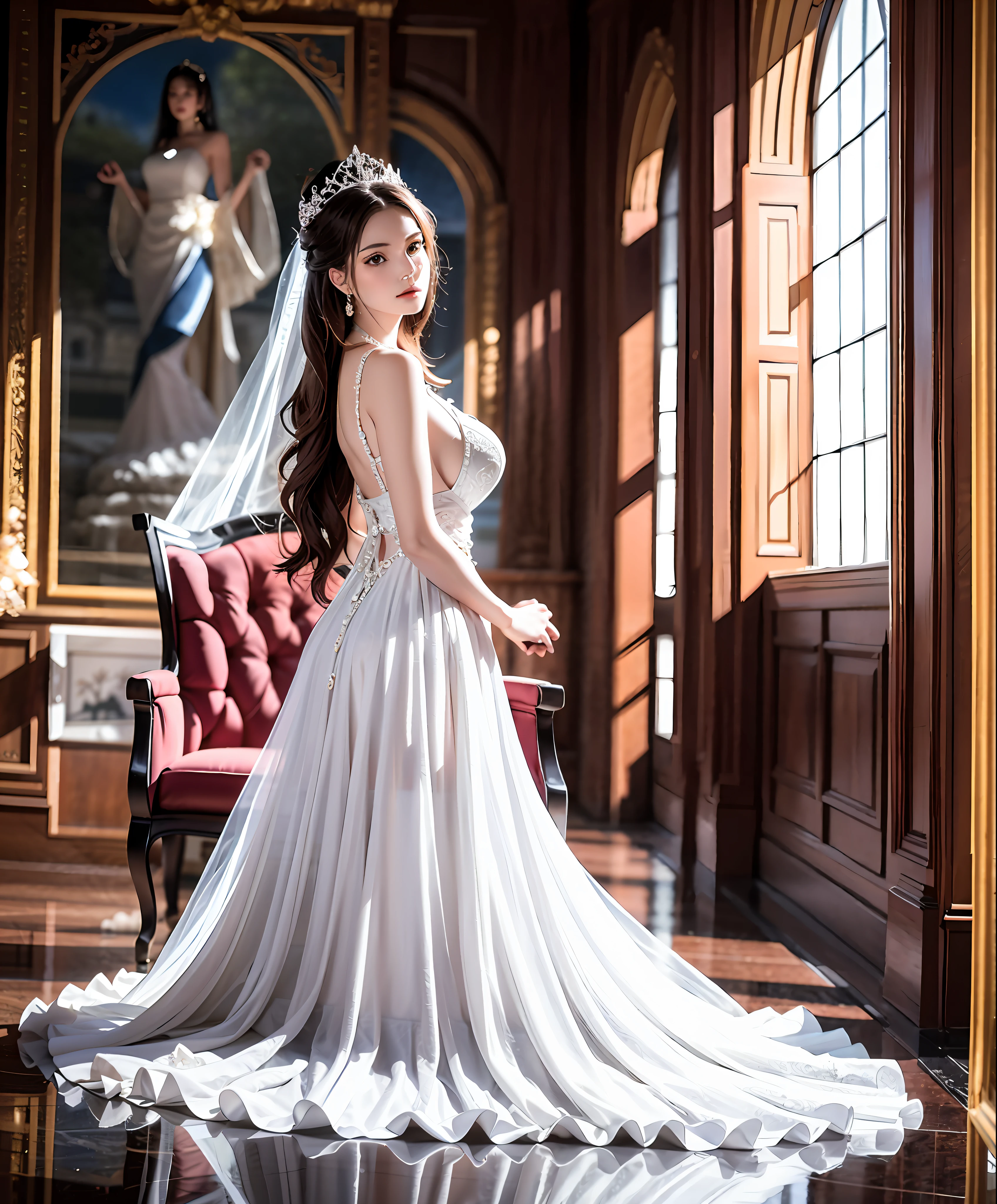 Arapefi, Blue princess wedding dress， sitting on an royal throne，In the palace， wearing high heels，Watching from behind，both hands on hip，next to a big window,  Close up from behind, next to a window, sitting in a castle, Sense of transparency，（oversized boobs，1.5），Expose cleavage，Turn around and look at the camera，tmasterpiece，Flawless，Sense of transparency，Empty inspiration，More details and decoration，（Expose the whole body,1.8），Exposing thighs，，long leges，8K，（Wear decorations such as rings，1.9），White-colored skin，Ornate ornament，Waist stockings，one-girl，(Dissection is correct，Extremely colorful, Best quality, high detal, Masterpiece, Cinematic lighting, 4K, Chiaroscuro)