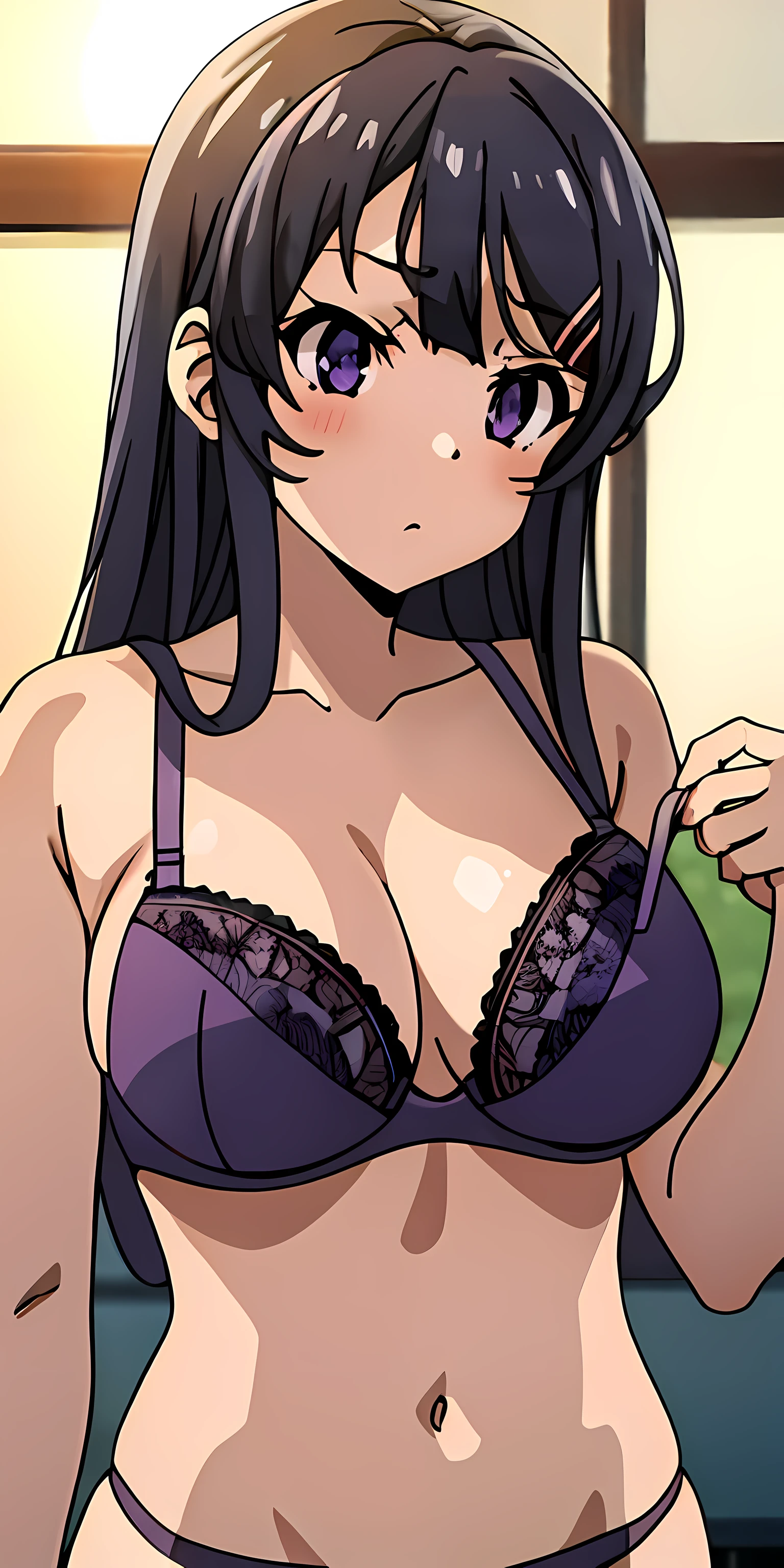 sakurajima mai, mai-san, (masterpiece), violet bra, violet panties, 1girl, solo