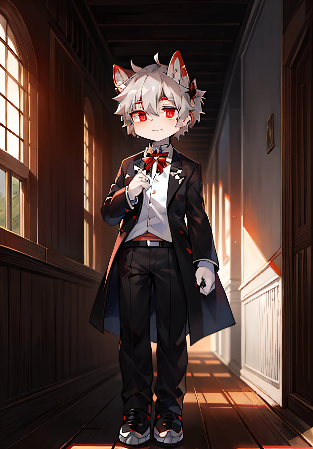 Black and white clothes,Dark red eyes,Caudas Brancas,white ear,Covered with gray hair,Shota,Full body photo,holding a bow,orthofacial