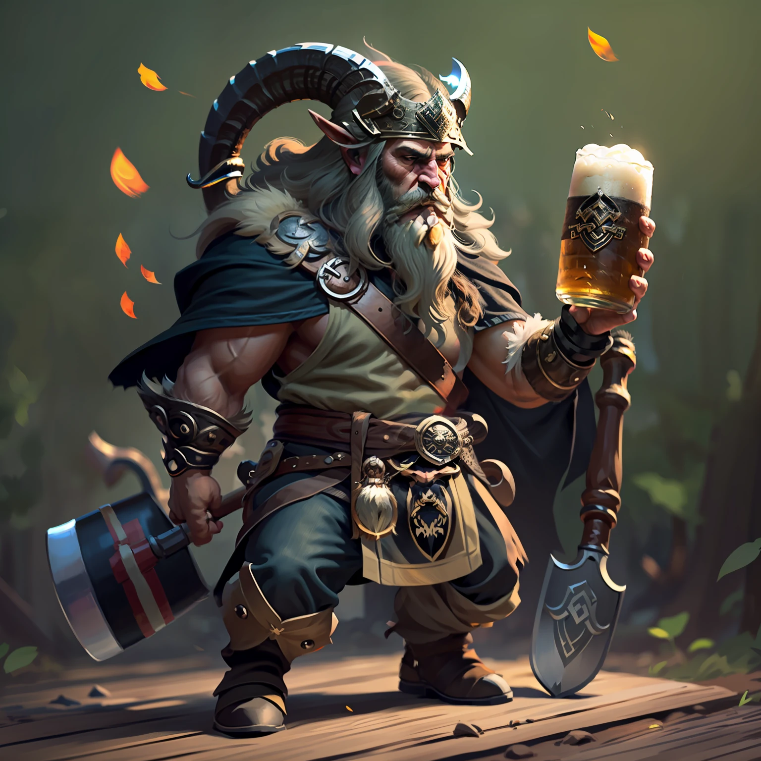 Stylized black ram with a badly shown face full body dressed as a Viking with beard and helmet on his head with an axe in one hand and beer glass in the other hand