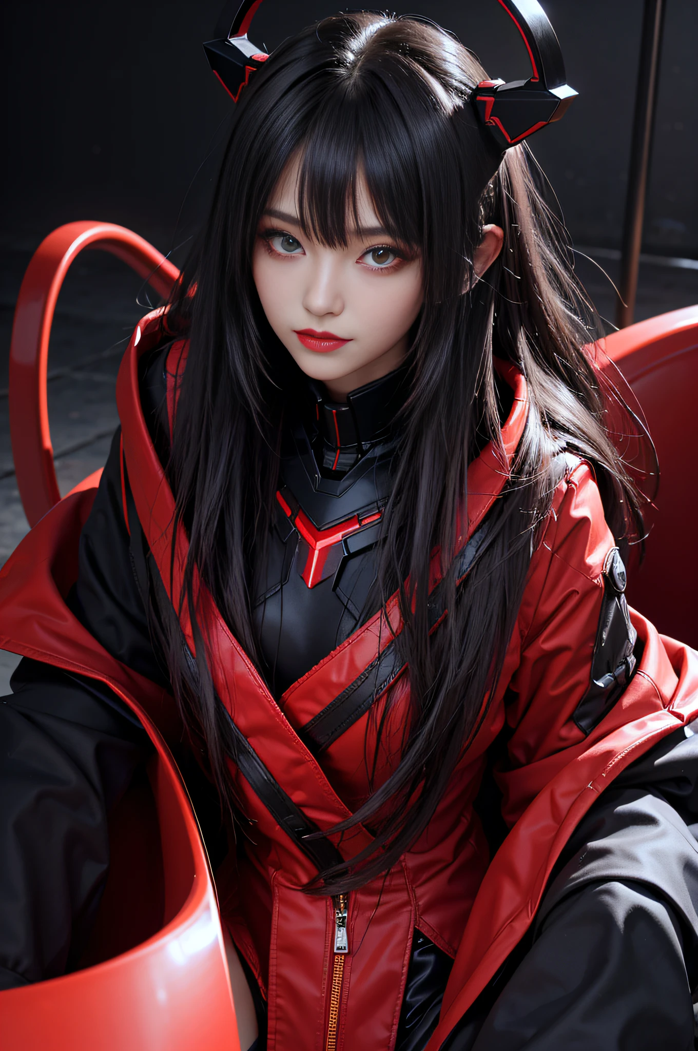 Cyber Girl，red color eyes，Dark style，Evil smile，1girll
