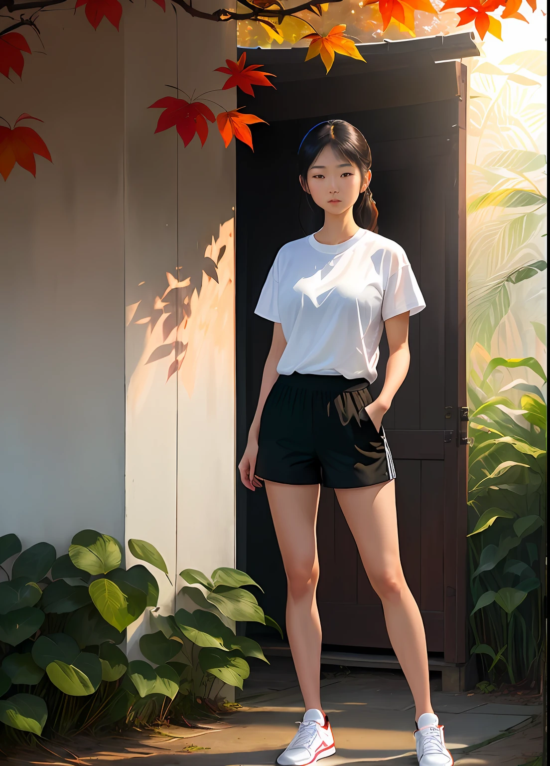 a drawing, author:Agnes Cecil's《A Chinese woman》,(White T-shirt), (Black shorts), (Red sneakers), (Muscle lines are pronounced),(Stand in the jungle), (The setting sun shines obliquely),((Full body photo)), Luminous design,pastelcolor,the watercolor style,Splash ink,Ink drops,Autumn lights