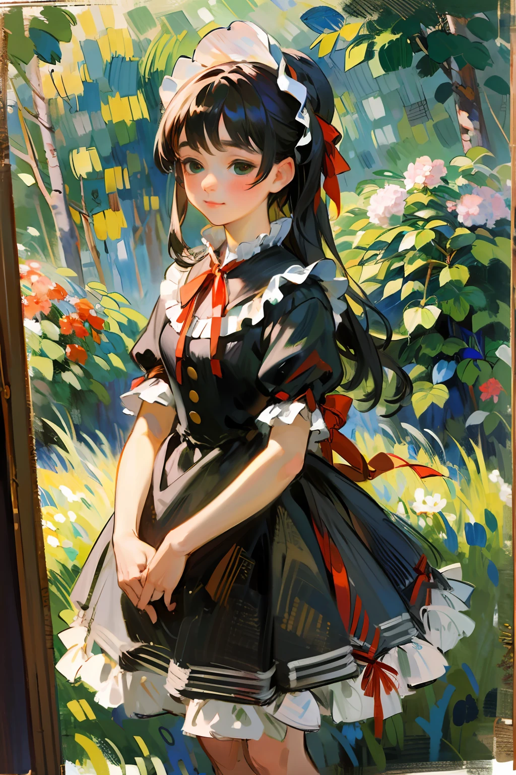 1girl, ****, red глаза, black  hair, Straight bangs, (straight hair), Long hair, Black Dress, ((****ta Dress)), Red ribbons, Bows, frilld, (Flowers), (Renoir), (Monet), (oil painting), (Sketch)