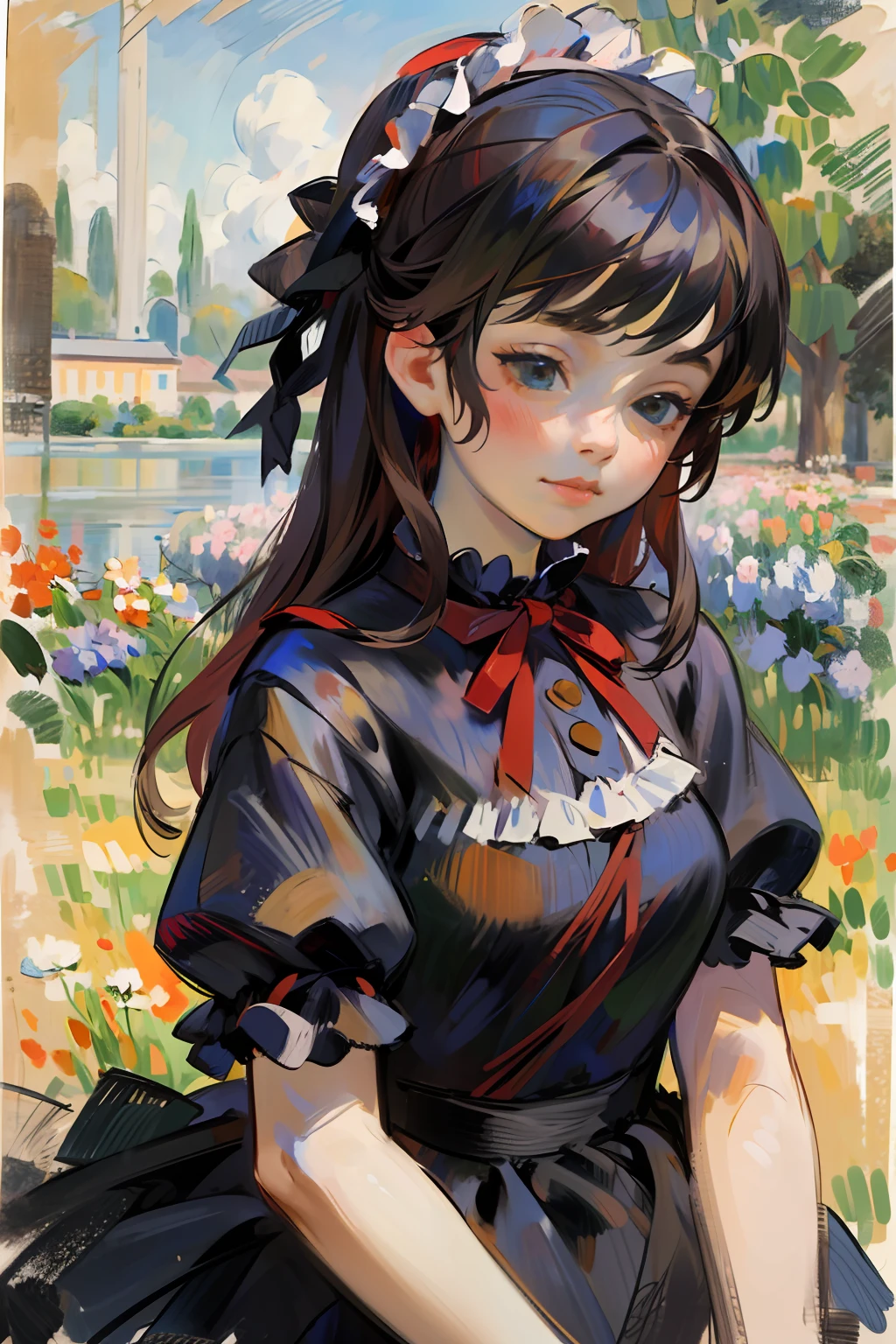 1girl, ****, red глаза, black  hair, Straight bangs, (straight hair), Long hair, Black Dress, ((****ta Dress)), Red ribbons, Bows, frilld, (Flowers), (Renoir), (Monet), (oil painting), (Sketch)