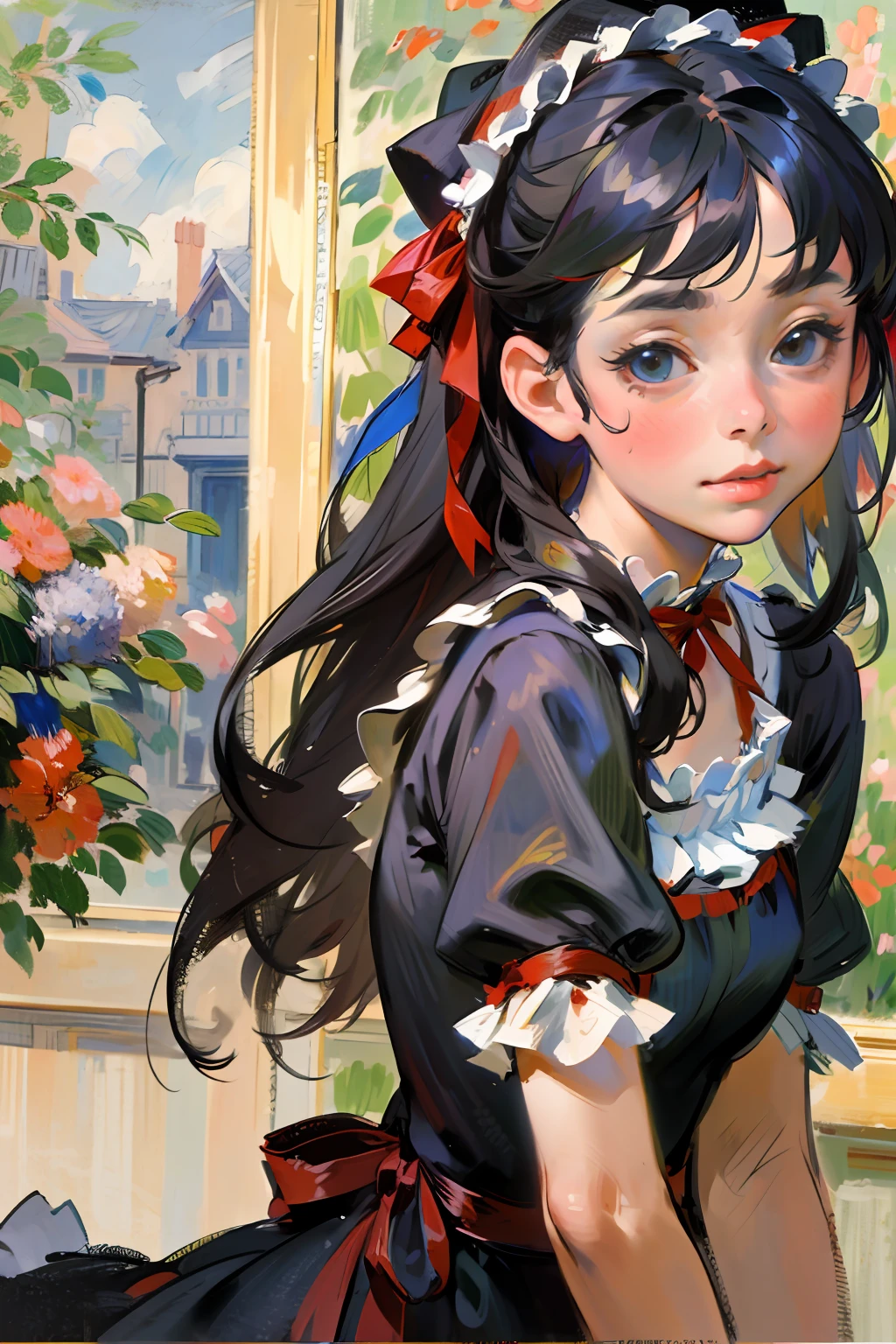 1girl, ****, red глаза, black  hair, Straight bangs, (straight hair), Long hair, Black Dress, ((****ta Dress)), Red ribbons, Bows, frilld, (Flowers), (Renoir), (Monet), (oil painting), (Sketch)